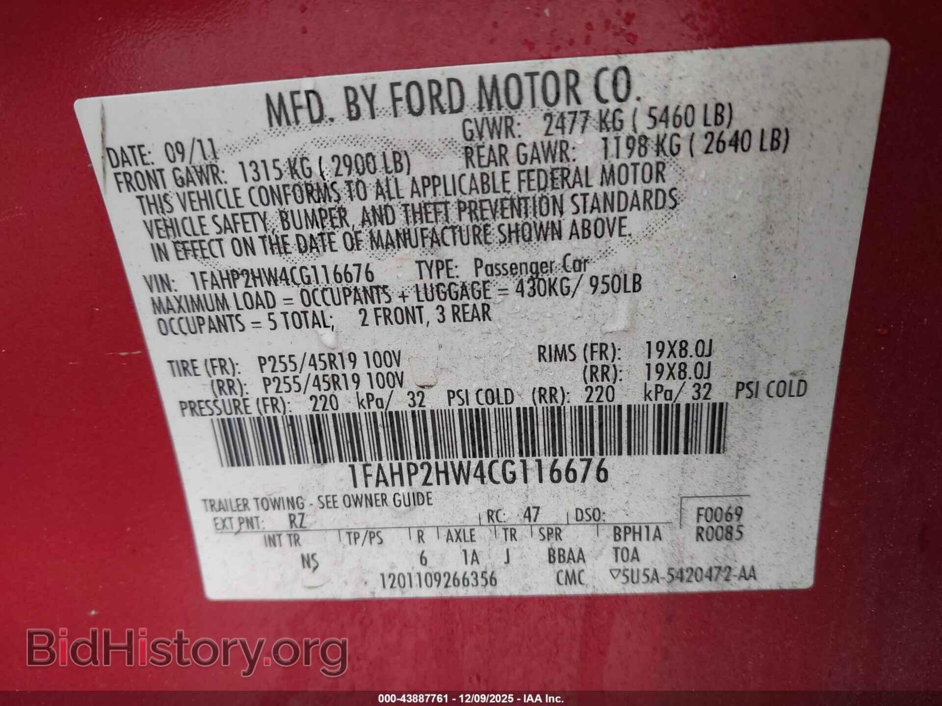 2012 FORD TAURUS - VIN: 1FAHP2HW4CG116676 - Photo 9