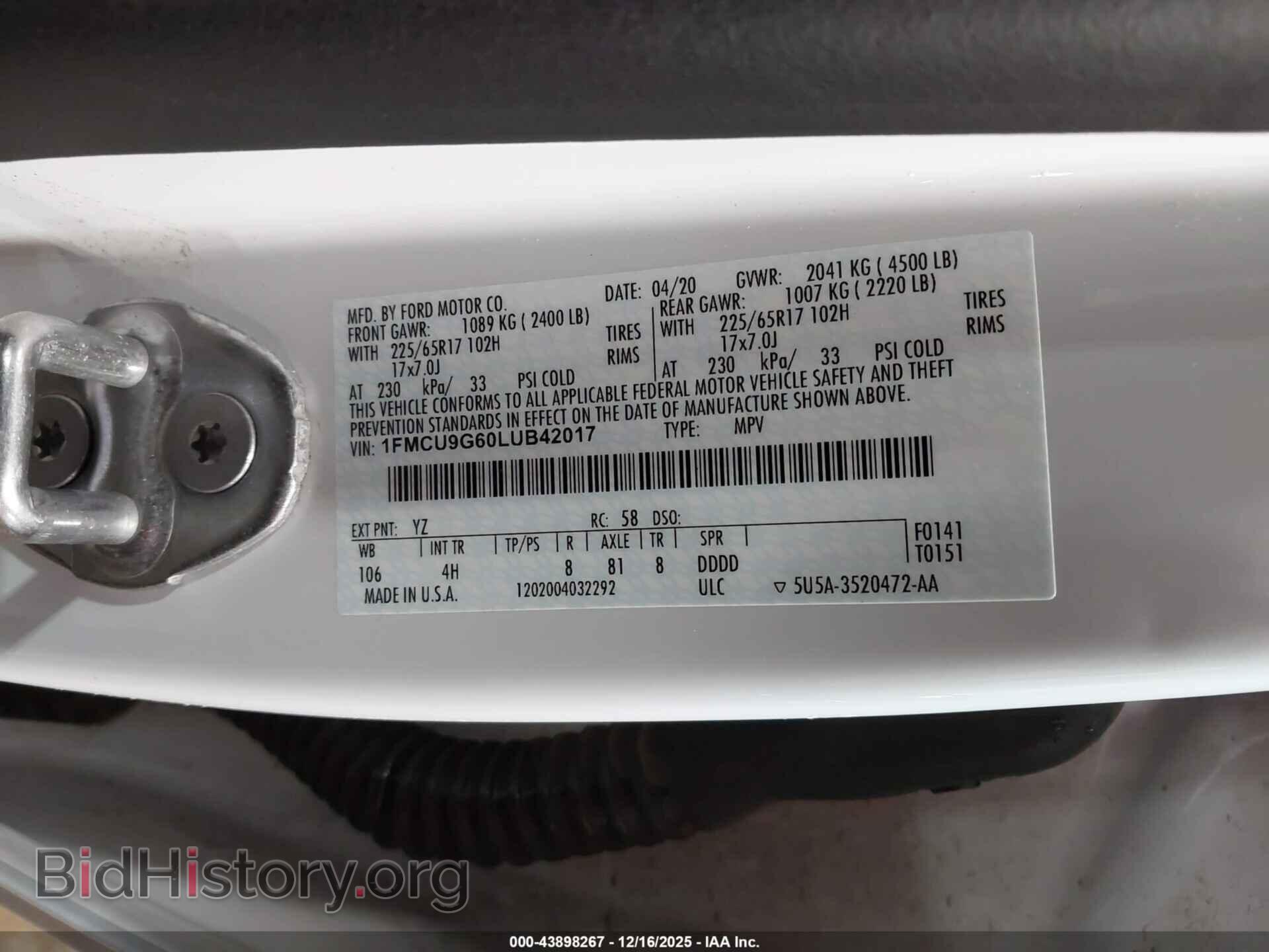 2020 FORD ESCAPE - VIN: 1FMCU9G60LUB42017 - Фото 9
