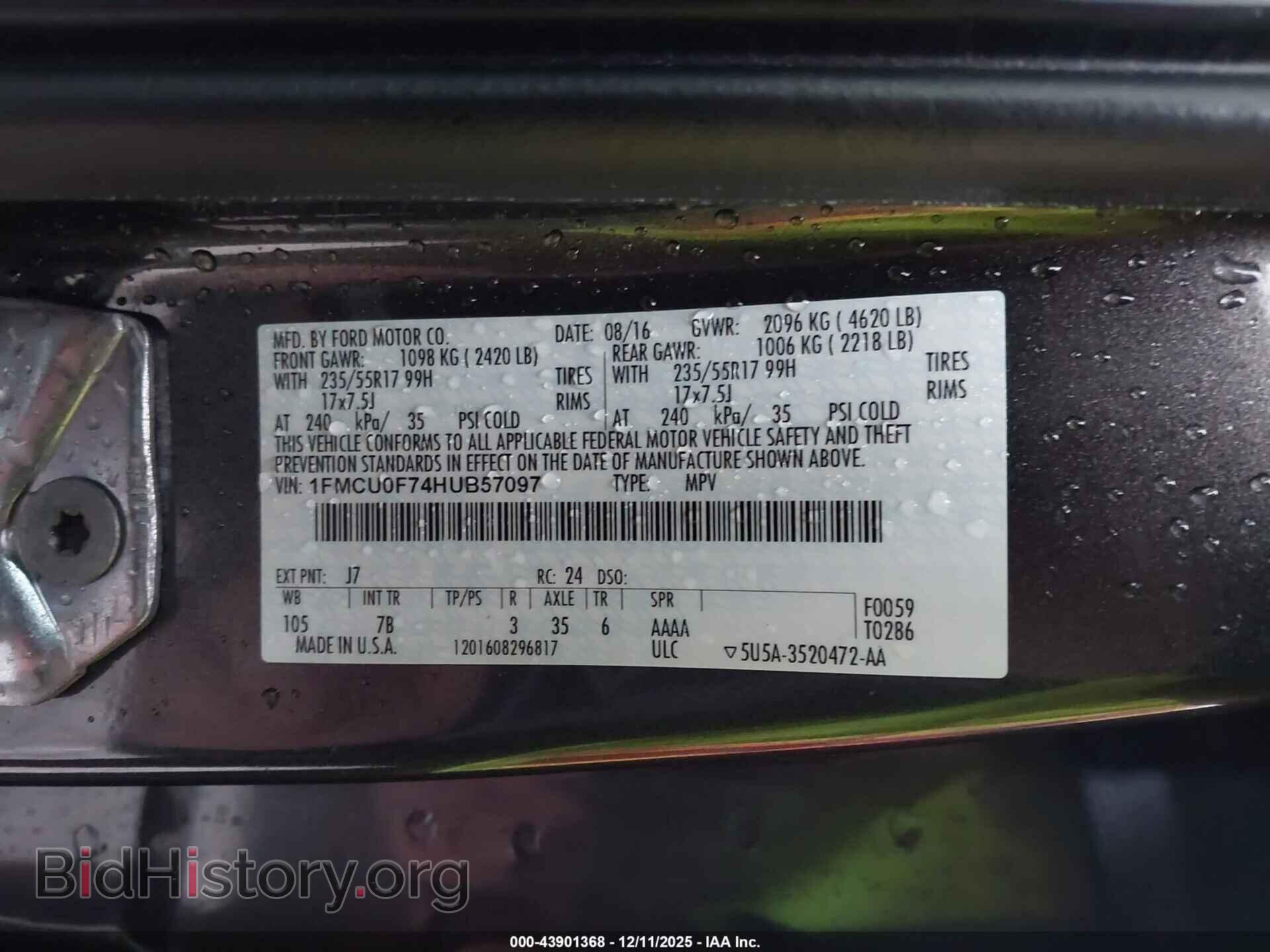 2017 FORD ESCAPE - VIN: 1FMCU0F74HUB57097 - Фото 9