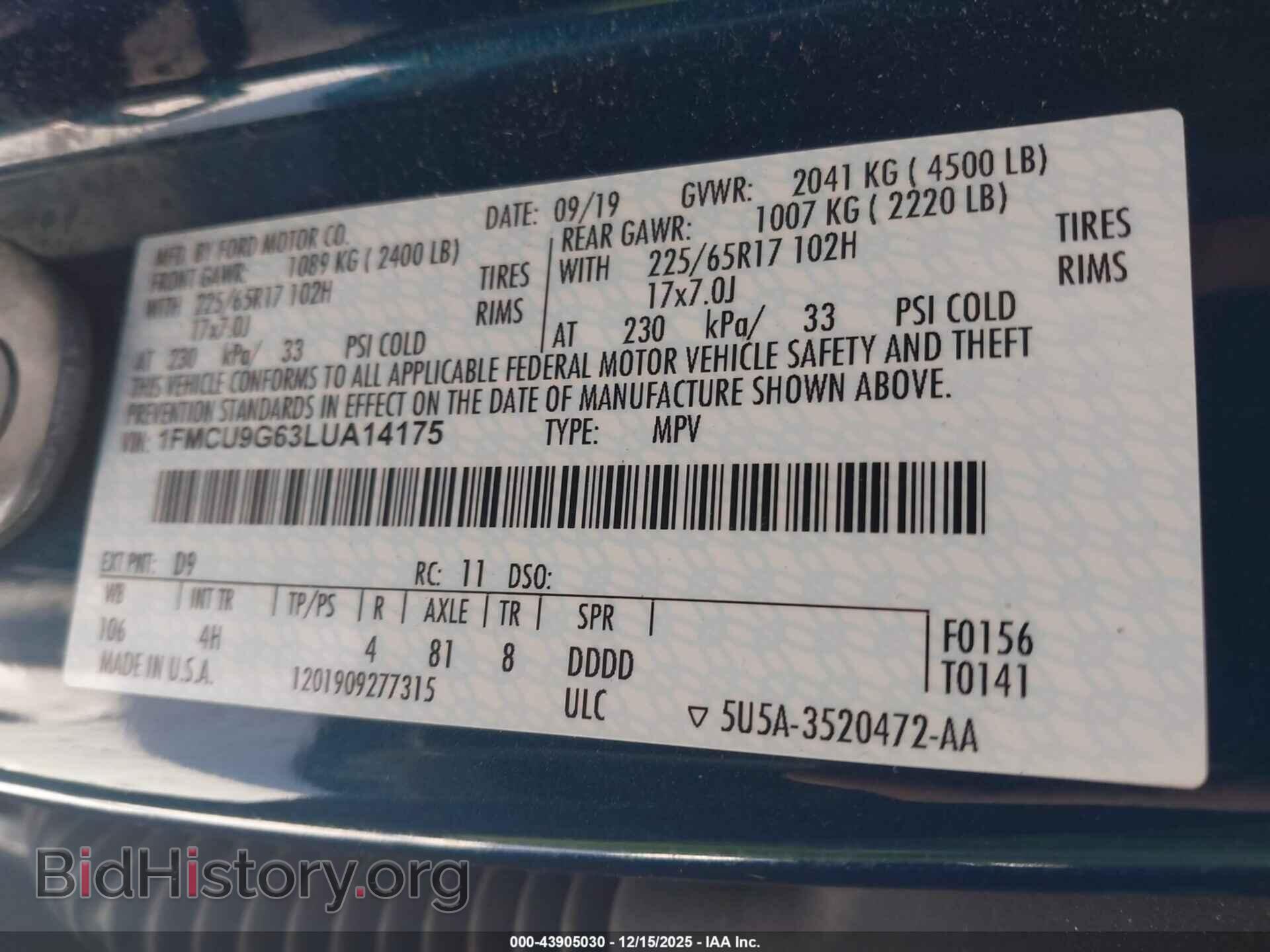 2020 FORD ESCAPE - VIN: 1FMCU9G63LUA14175 - Photo 9