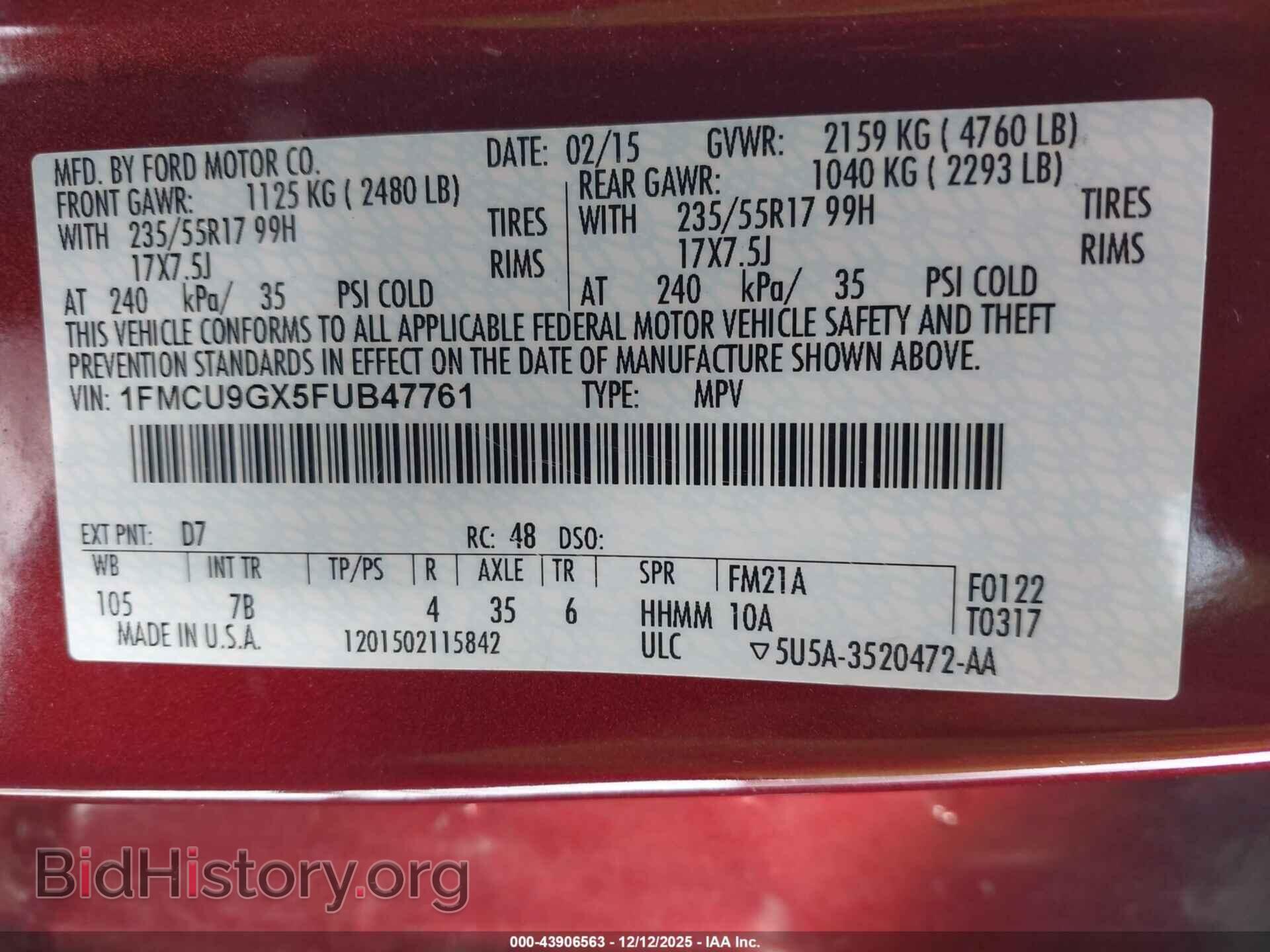 2015 FORD ESCAPE - VIN: 1FMCU9GX5FUB47761 - Фото 9