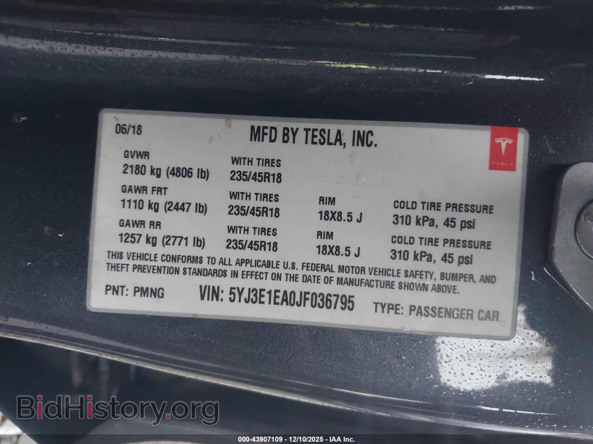 2018 TESLA MODEL 3 - VIN: 5YJ3E1EA0JF036795 - Фото 9