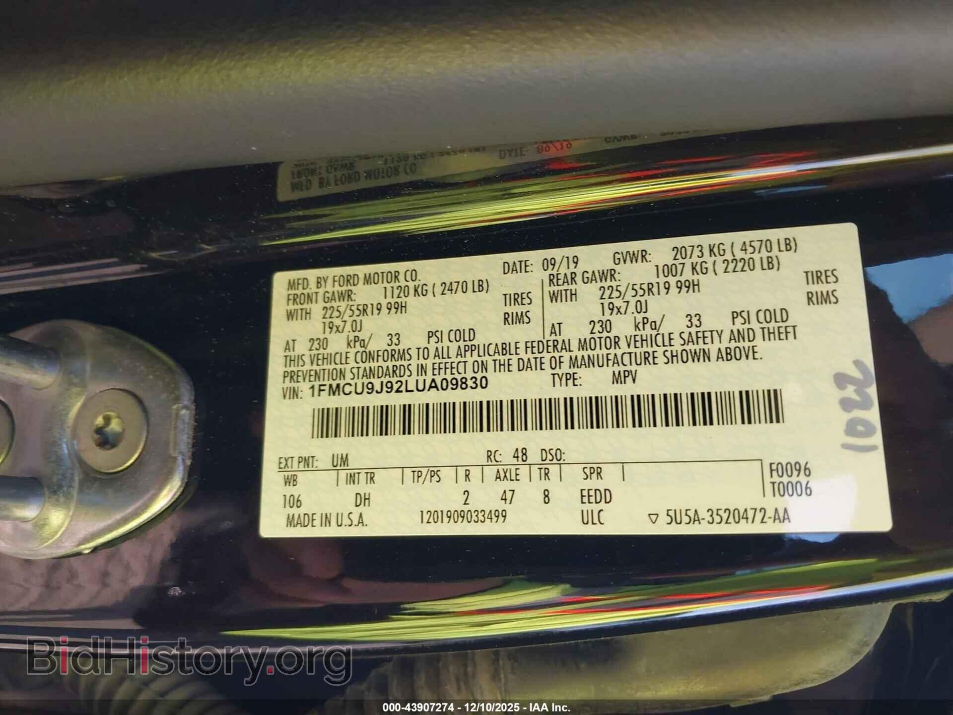 2020 FORD ESCAPE - VIN: 1FMCU9J92LUA09830 - Photo 9