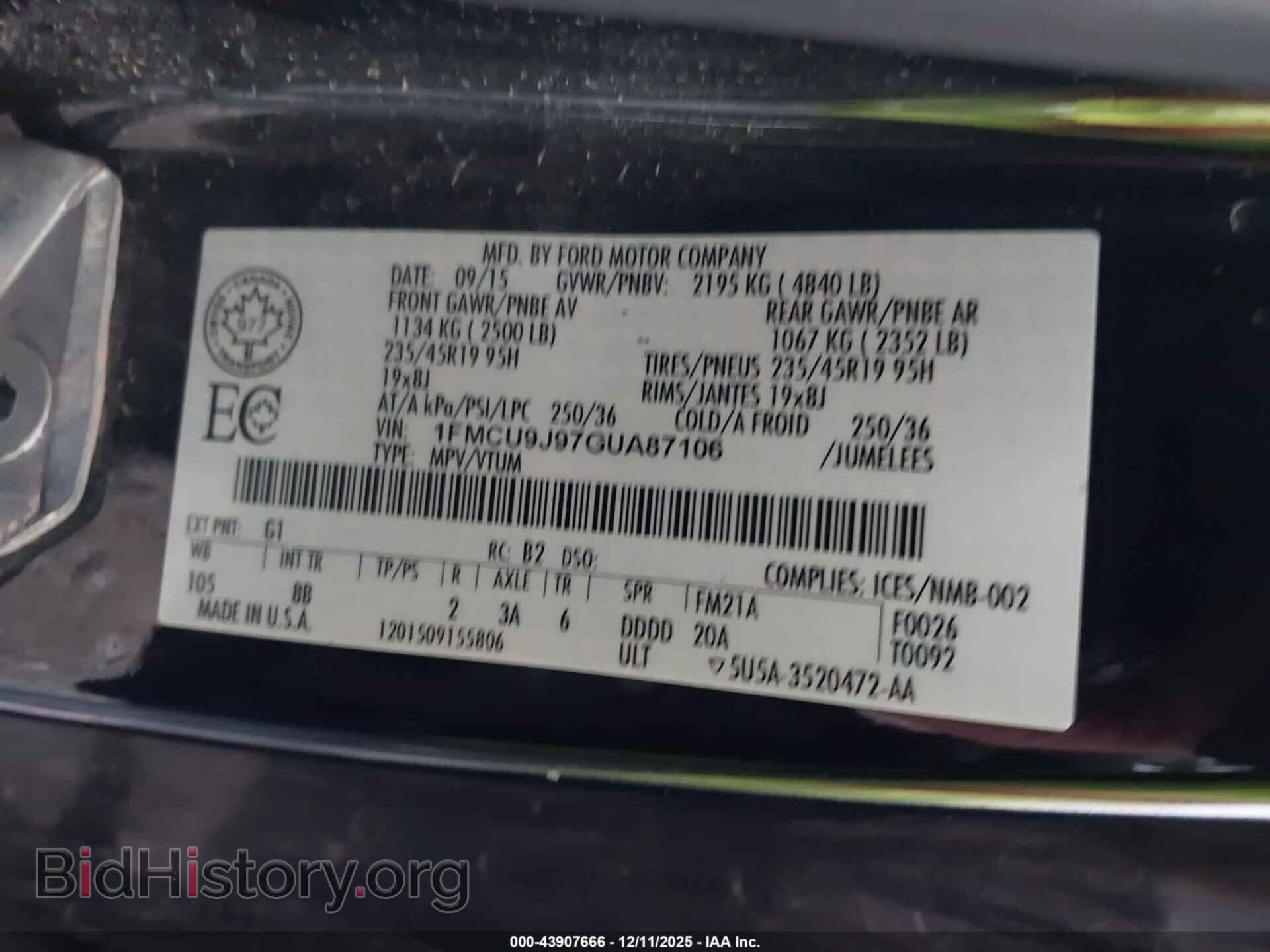 2016 FORD ESCAPE - VIN: 1FMCU9J97GUA87106 - Фото 9