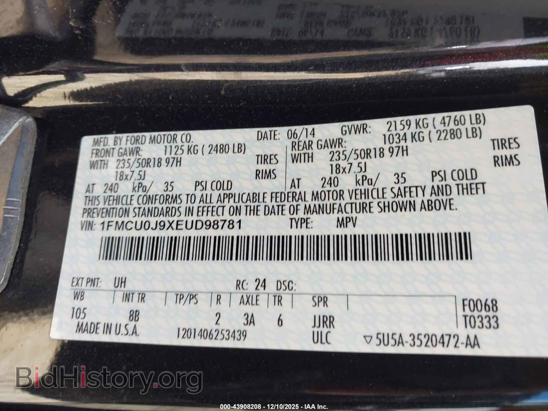 2014 FORD ESCAPE - VIN: 1FMCU0J9XEUD98781 - Фото 9