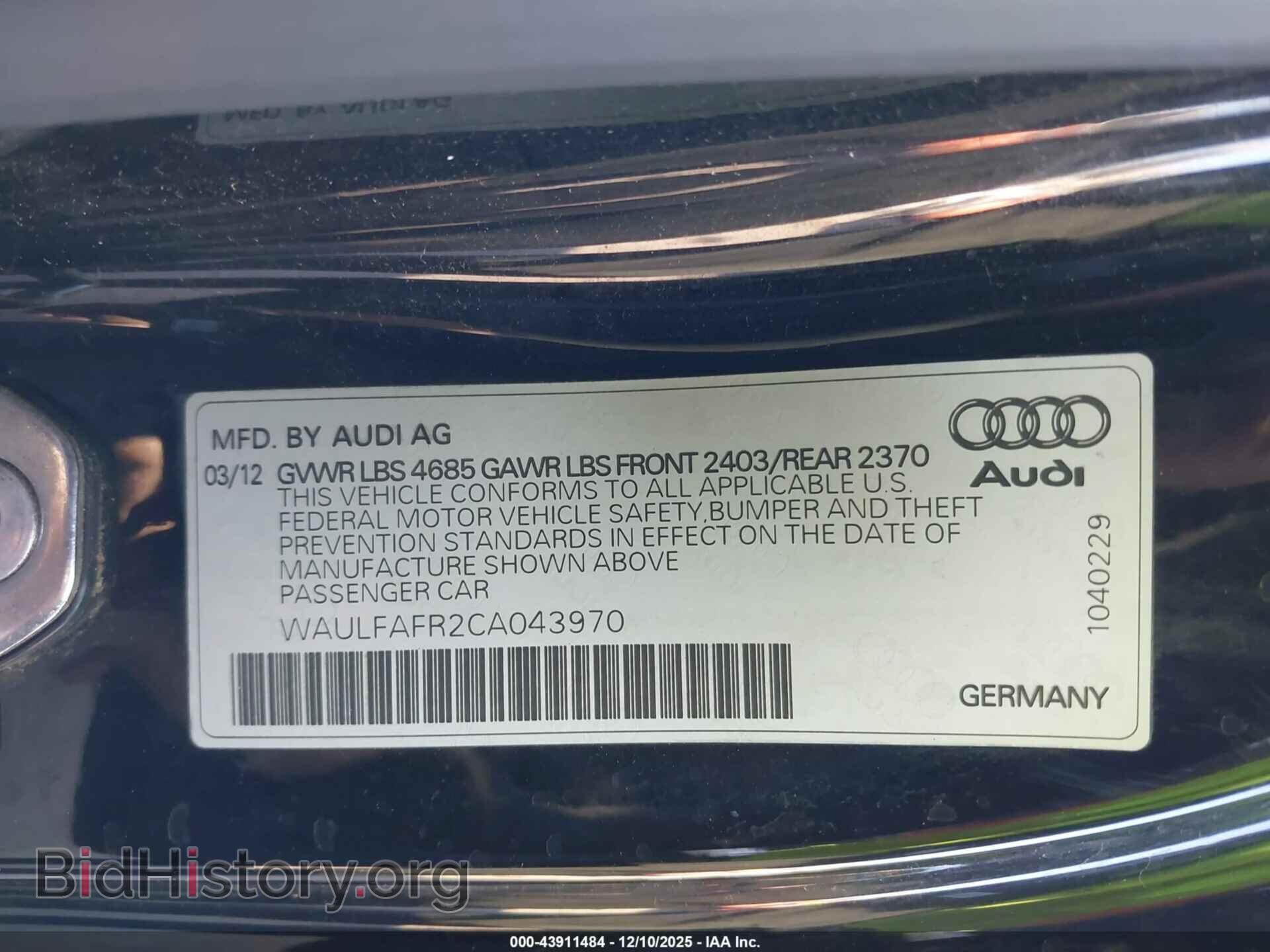 2012 AUDI A5 - VIN: WAULFAFR2CA043970 - Фото 9