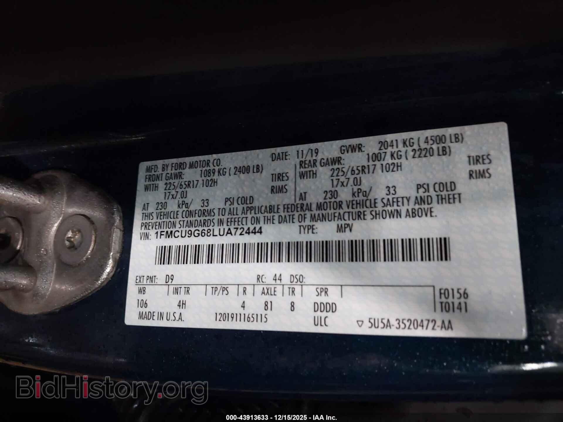 2020 FORD ESCAPE - VIN: 1FMCU9G68LUA72444 - Photo 9