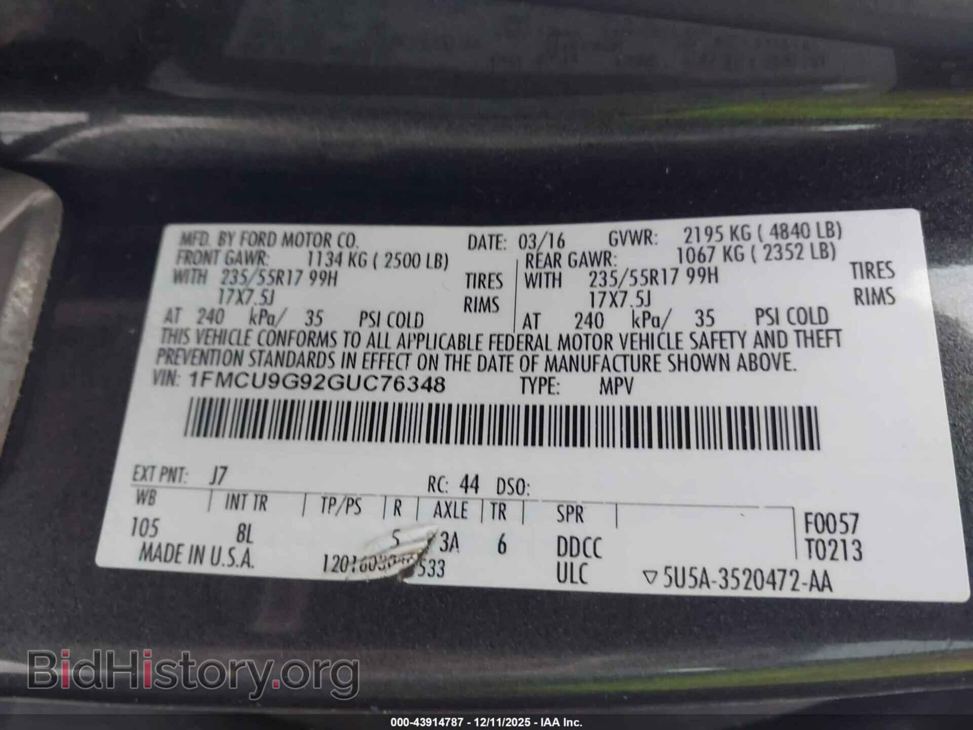 2016 FORD ESCAPE - VIN: 1FMCU9G92GUC76348 - Фото 9