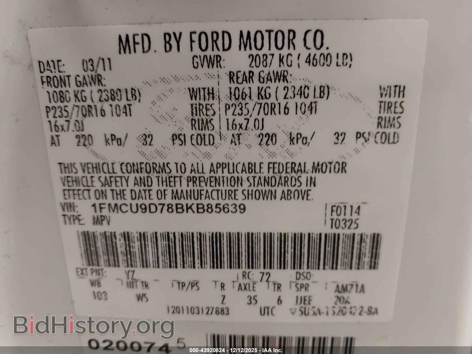 2011 FORD ESCAPE - VIN: 1FMCU9D78BKB85639 - Фото 9