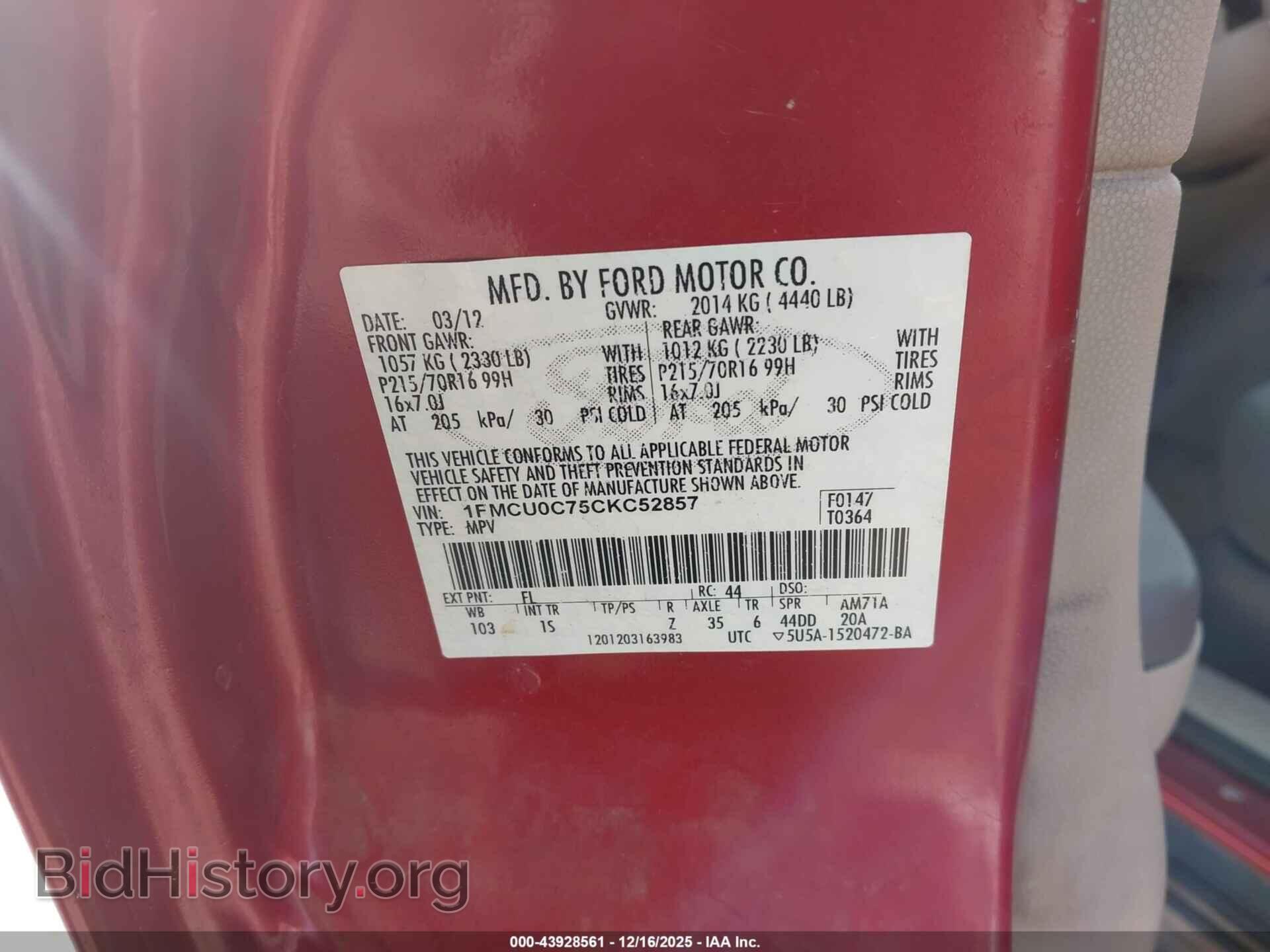 2012 FORD ESCAPE - VIN: 1FMCU0C75CKC52857 - Фото 9