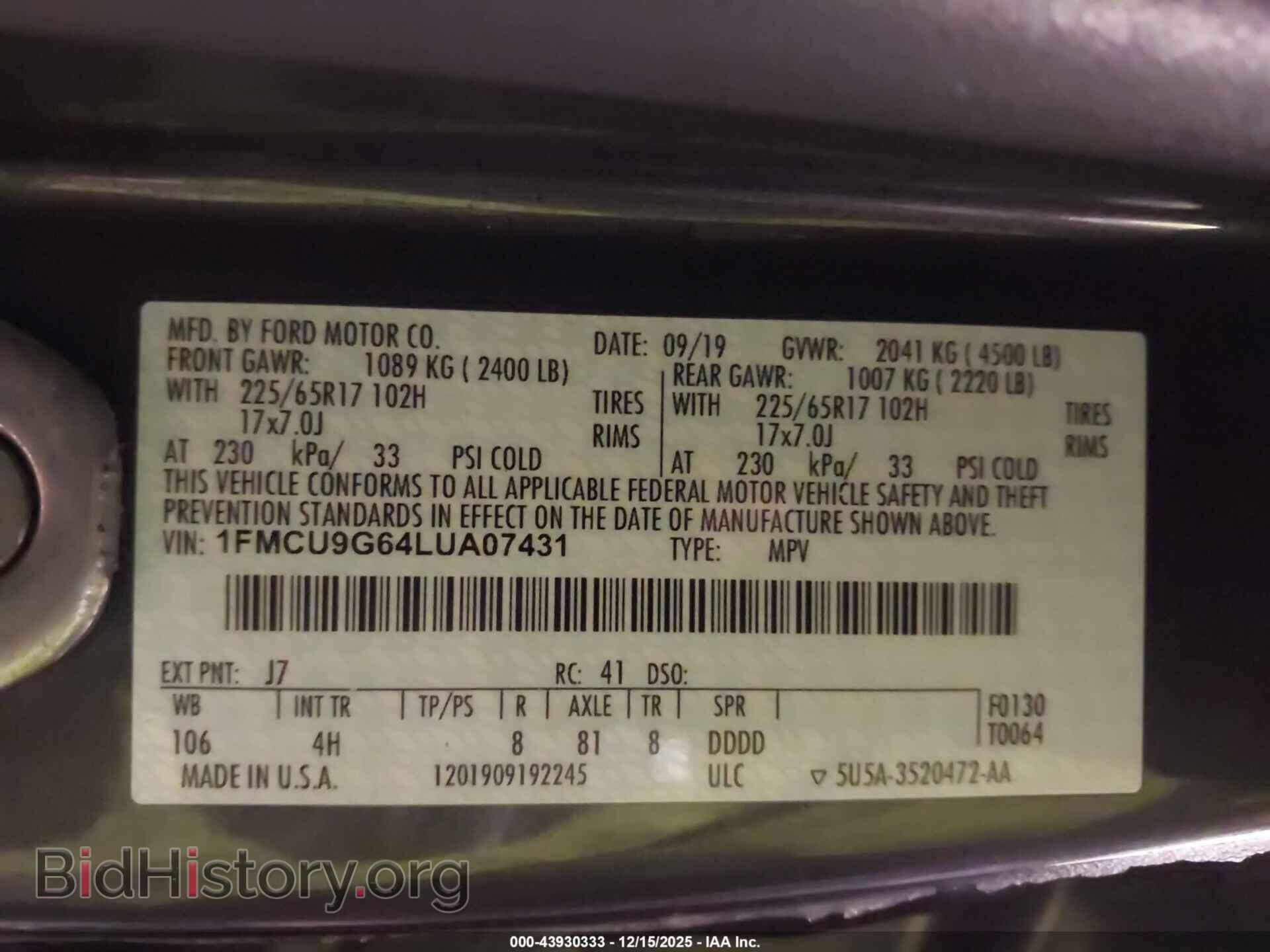 2020 FORD ESCAPE - VIN: 1FMCU9G64LUA07431 - Photo 9