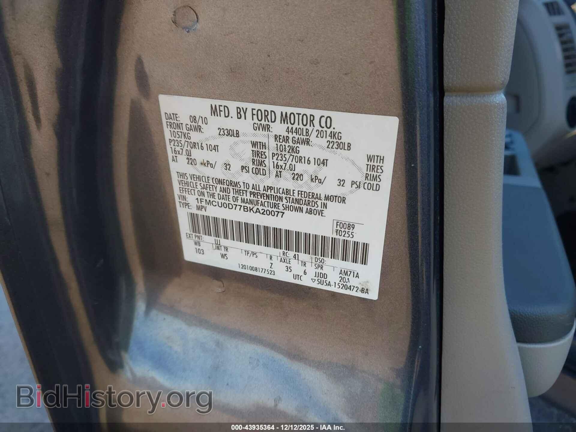 2011 FORD ESCAPE - VIN: 1FMCU0D77BKA20077 - Фото 9