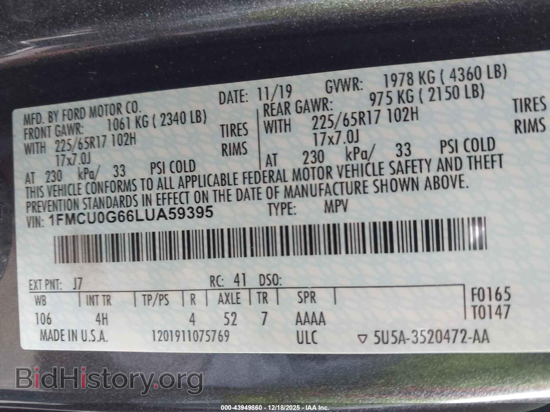 2020 FORD ESCAPE - VIN: 1FMCU0G66LUA59395 - Фото 9