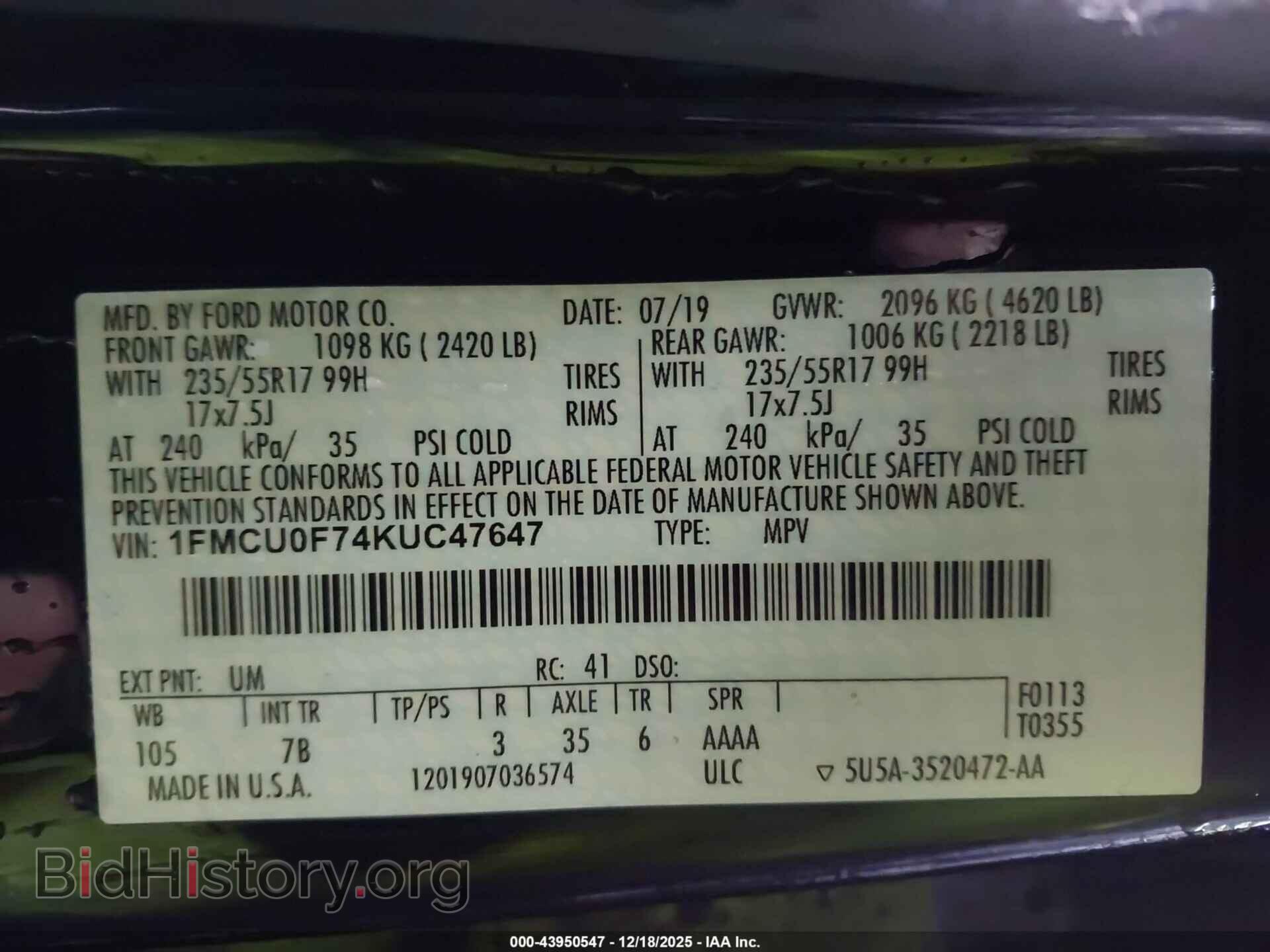 2019 FORD ESCAPE - VIN: 1FMCU0F74KUC47647 - Фото 9