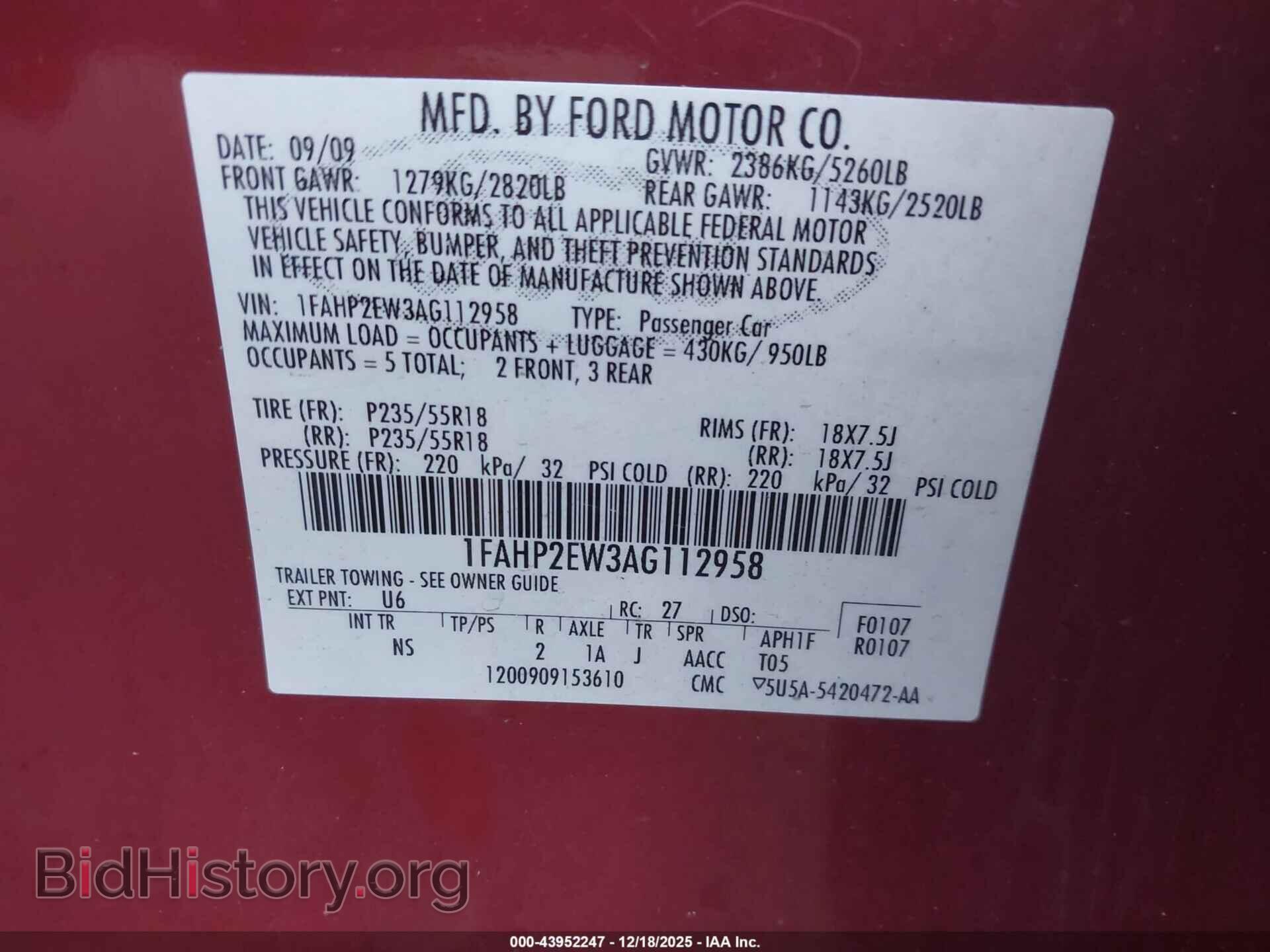 2010 FORD TAURUS - VIN: 1FAHP2EW3AG112958 - Photo 9
