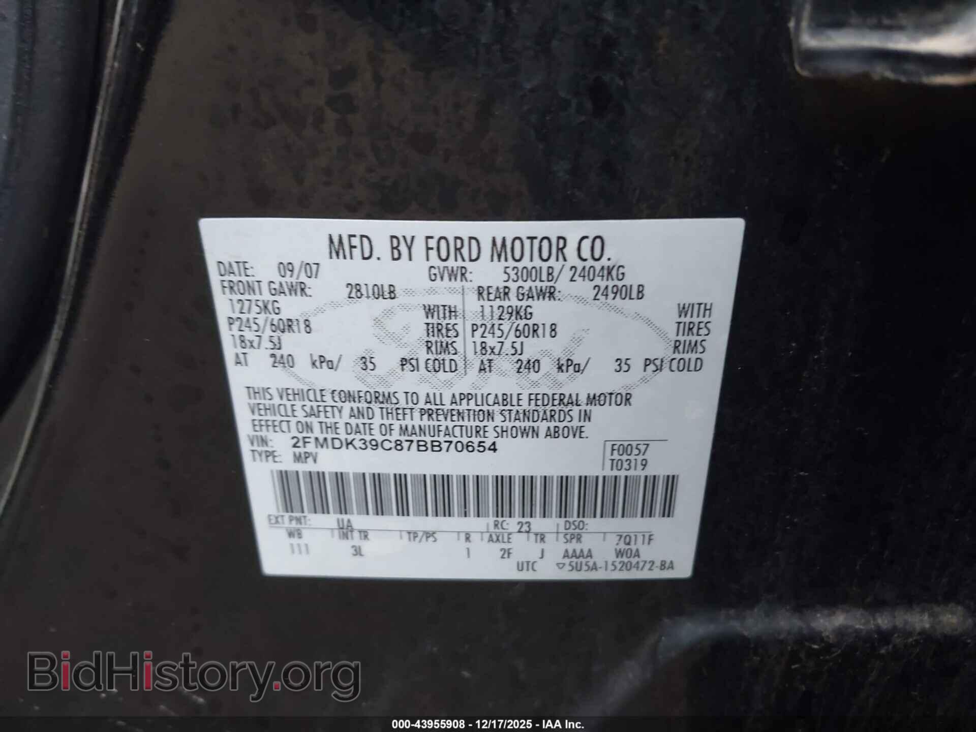 2007 FORD EDGE - VIN: 2FMDK39C87BB70654 - Фото 9