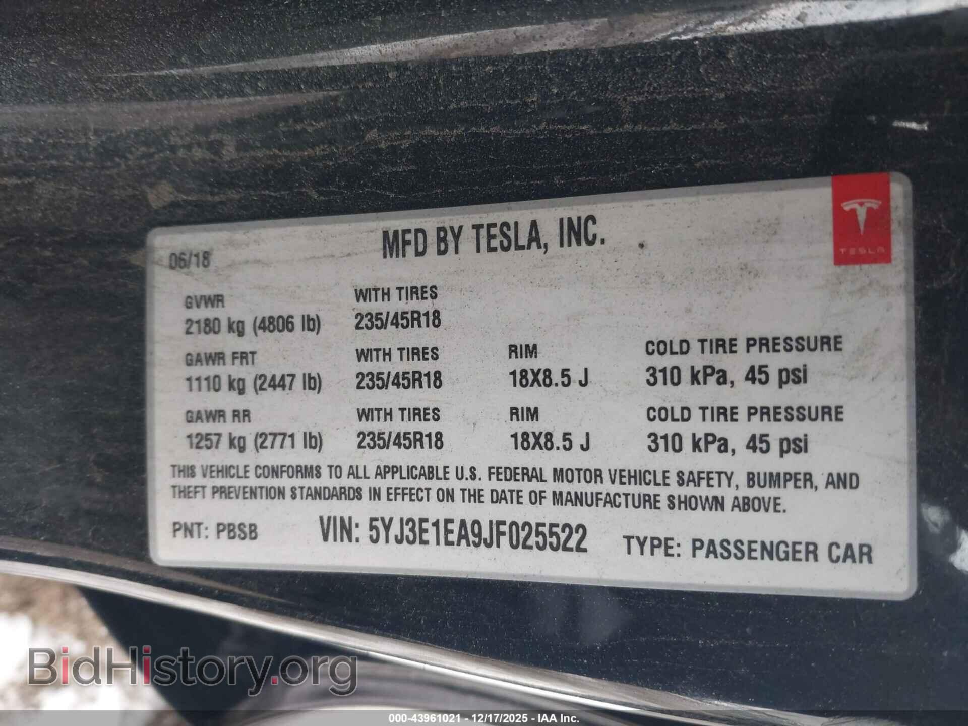 2018 TESLA MODEL 3 - VIN: 5YJ3E1EA9JF025522 - Фото 9