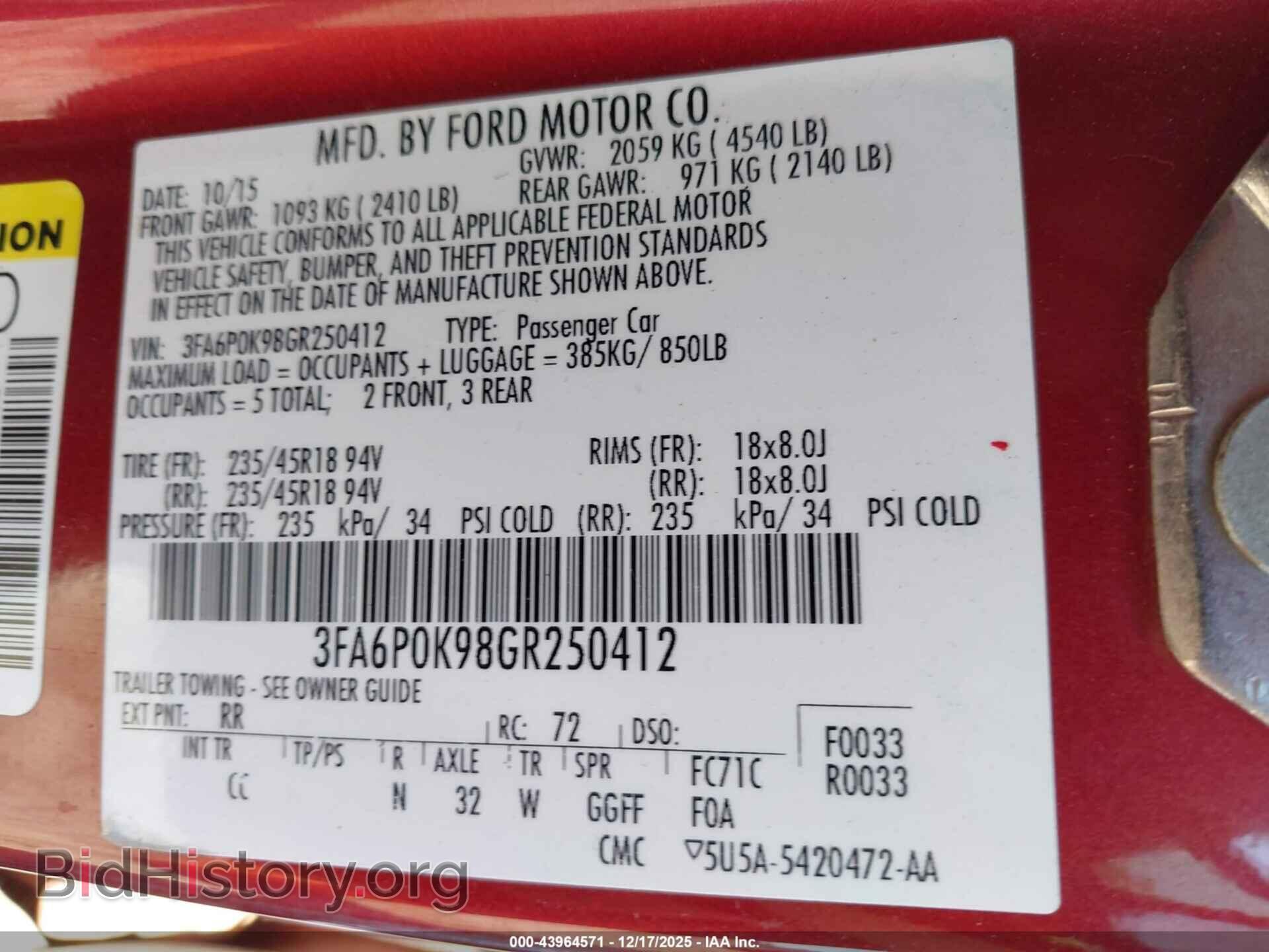 2016 FORD FUSION - VIN: 3FA6P0K98GR250412 - Фото 9