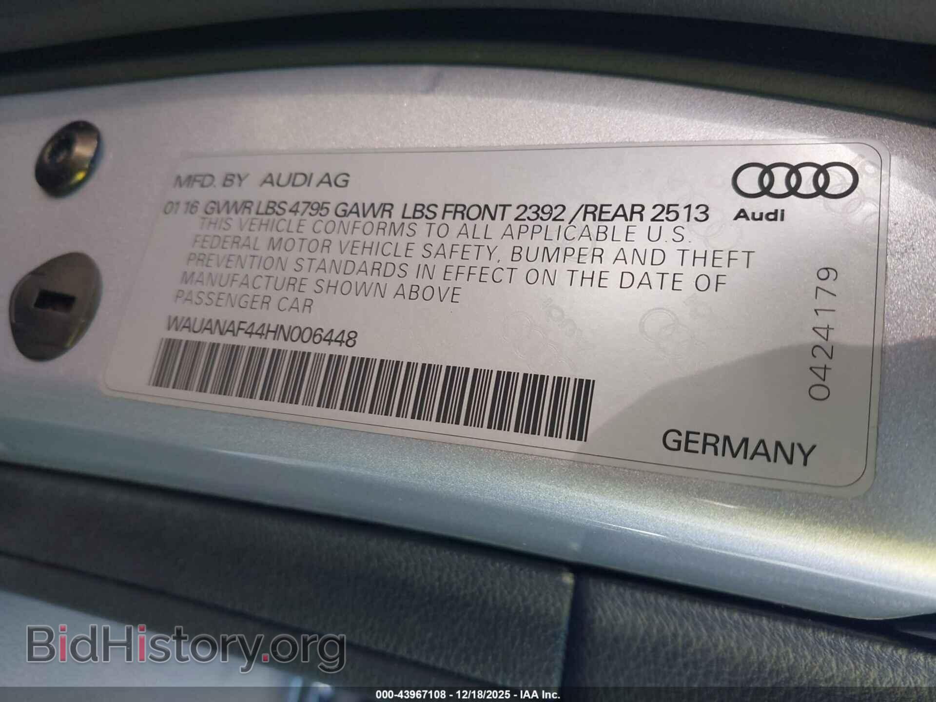 2017 AUDI A4 - VIN: WAUANAF44HN006448 - Фото 9