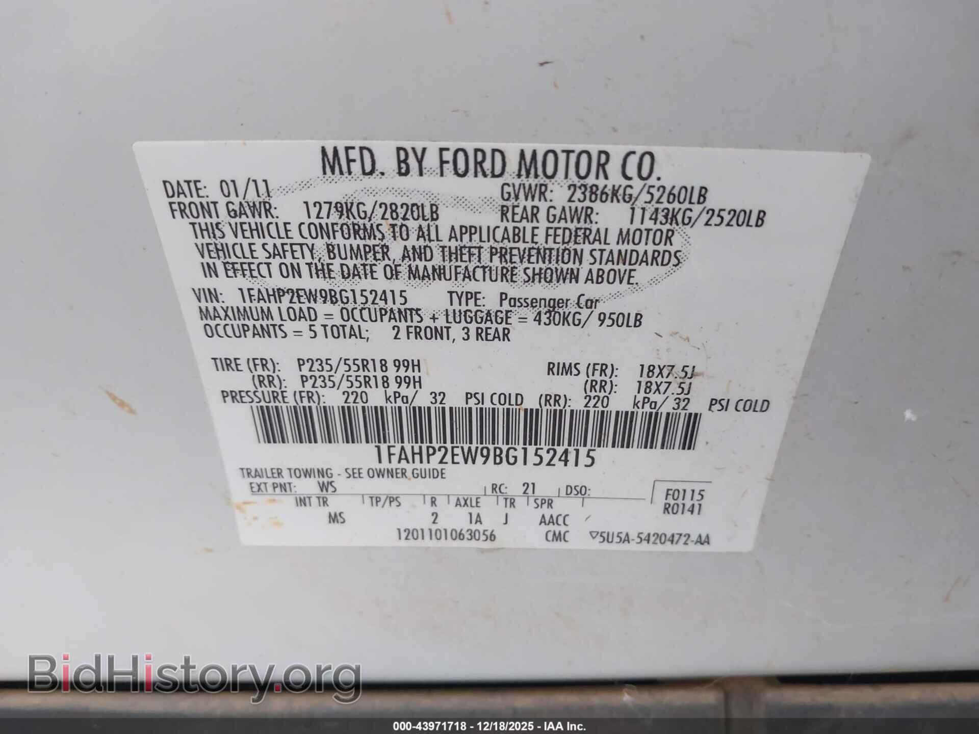 2011 FORD TAURUS - VIN: 1FAHP2EW9BG152415 - Фото 9