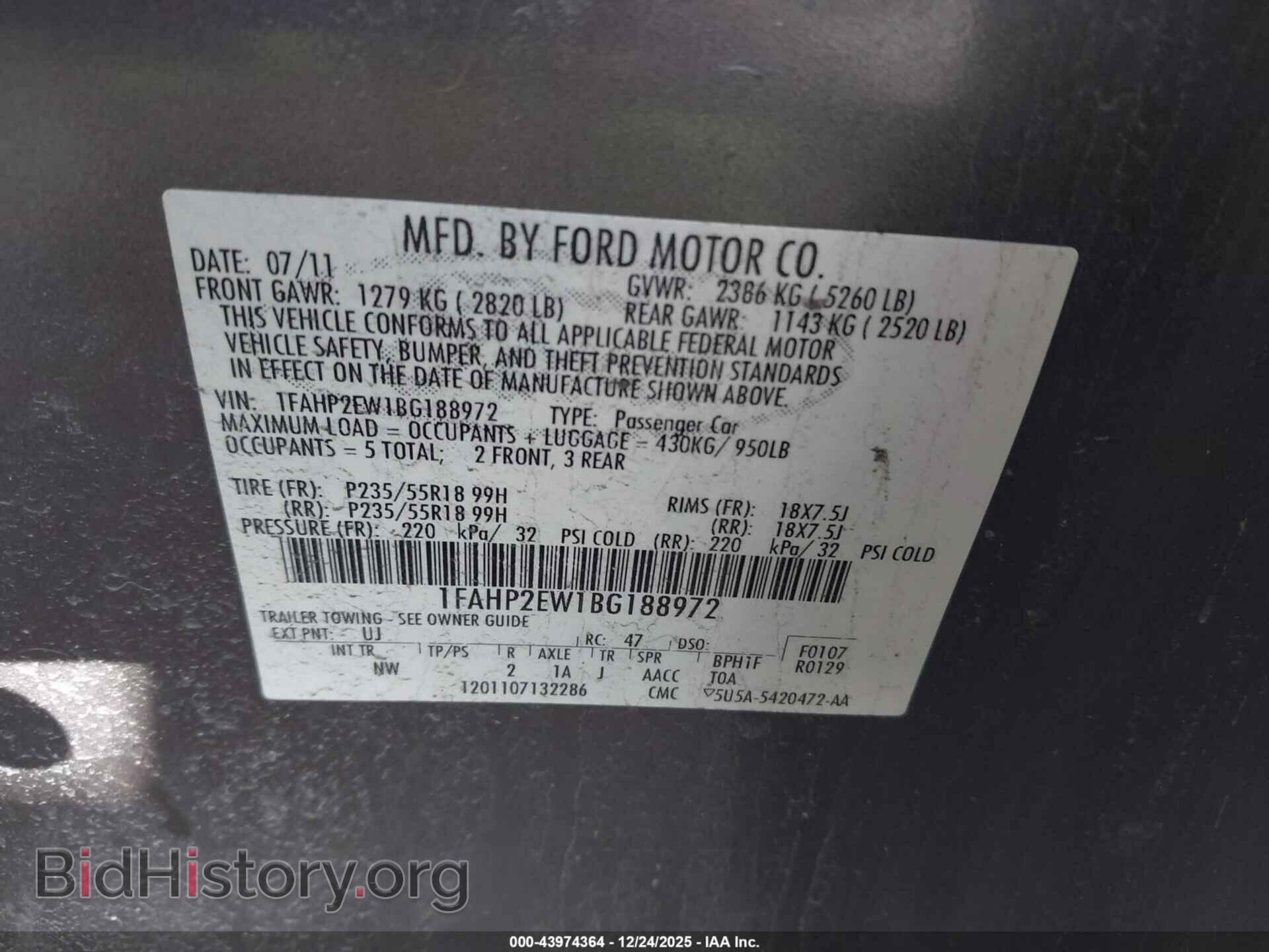 2011 FORD TAURUS - VIN: 1FAHP2EW1BG188972 - Photo 9