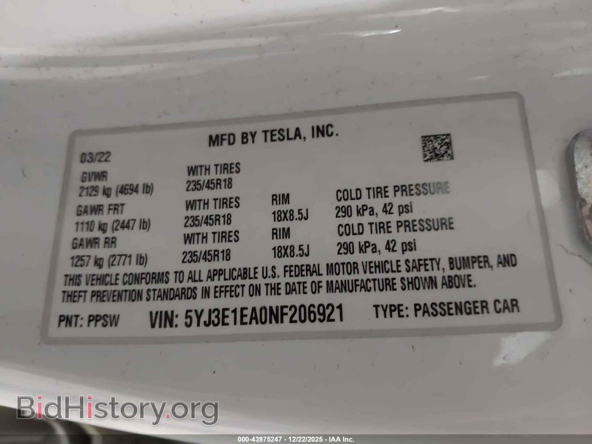 2022 TESLA MODEL 3 - VIN: 5YJ3E1EA0NF206921 - Фото 9