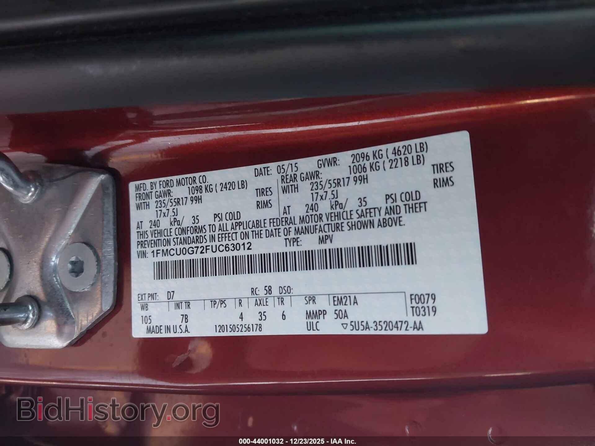 2015 FORD ESCAPE - VIN: 1FMCU0G72FUC63012 - Фото 9