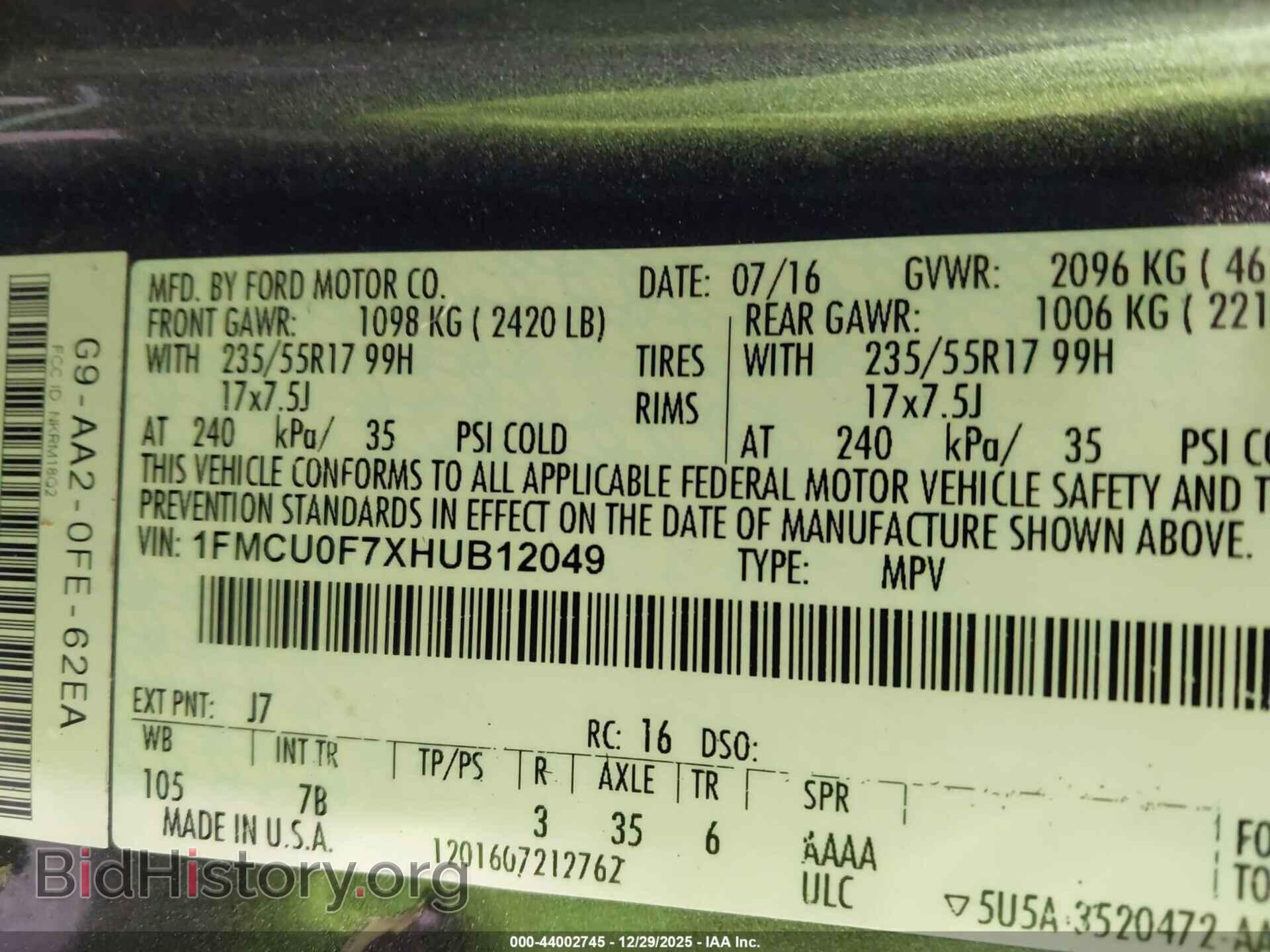 2017 FORD ESCAPE - VIN: 1FMCU0F7XHUB12049 - Фото 9