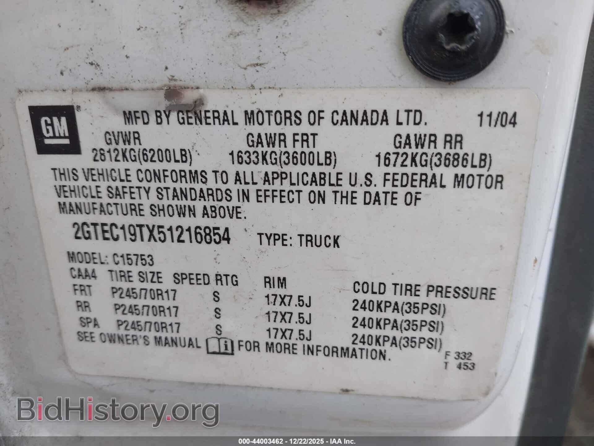 2005 GMC SIERRA 1500 - VIN: 2GTEC19TX51216854 - Фото 9