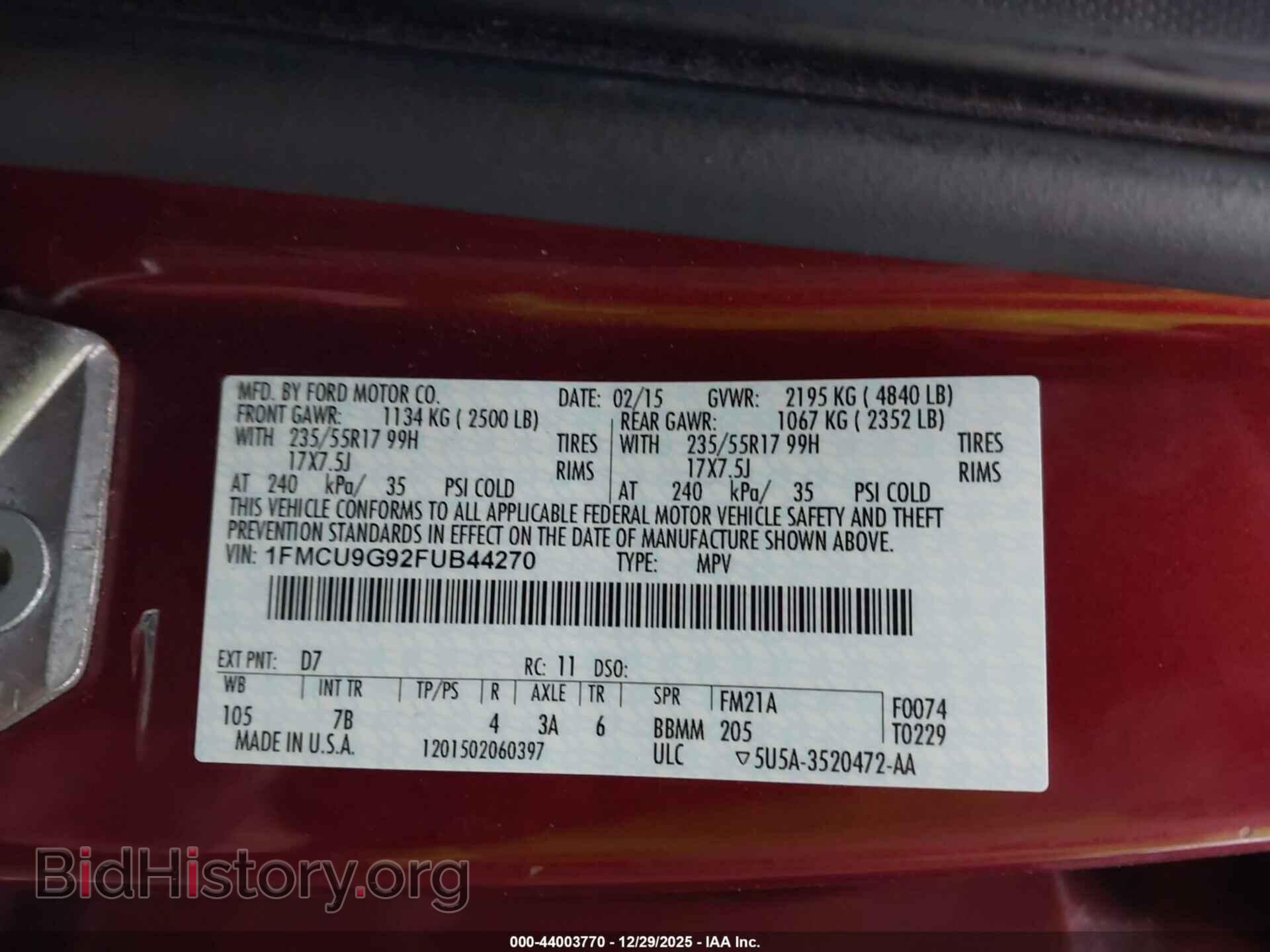 2015 FORD ESCAPE - VIN: 1FMCU9G92FUB44270 - Фото 9