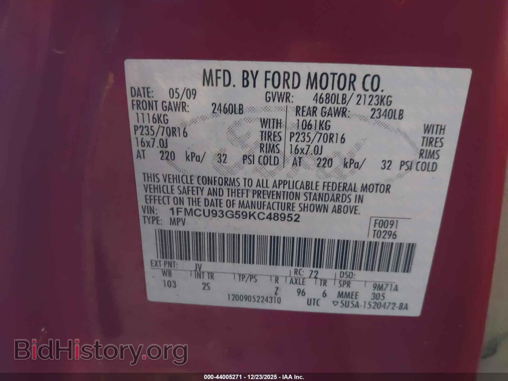 2009 FORD ESCAPE - VIN: 1FMCU93G59KC48952 - Фото 9