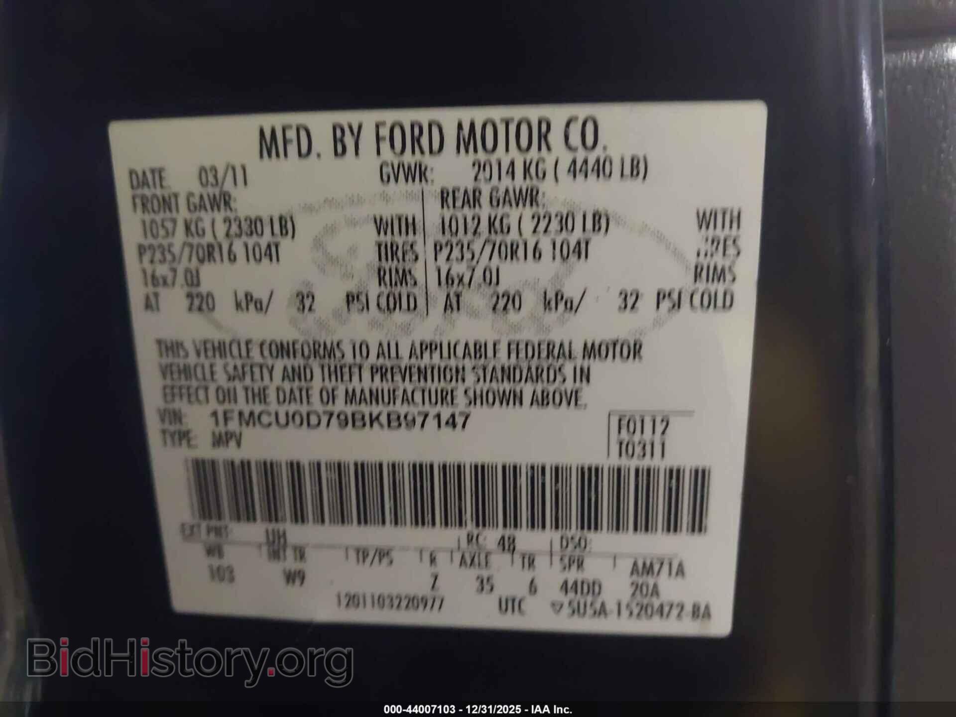 2011 FORD ESCAPE - VIN: 1FMCU0D79BKB97147 - Фото 9