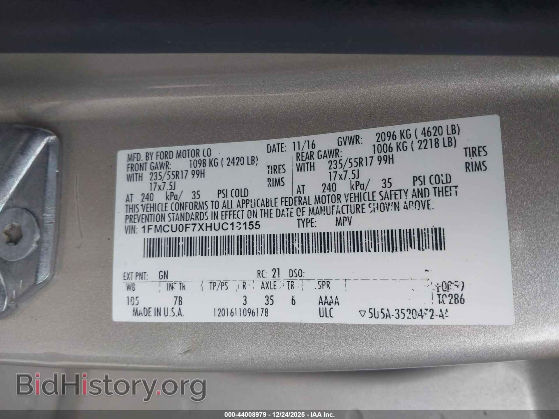 2017 FORD ESCAPE - VIN: 1FMCU0F7XHUC13155 - Фото 9