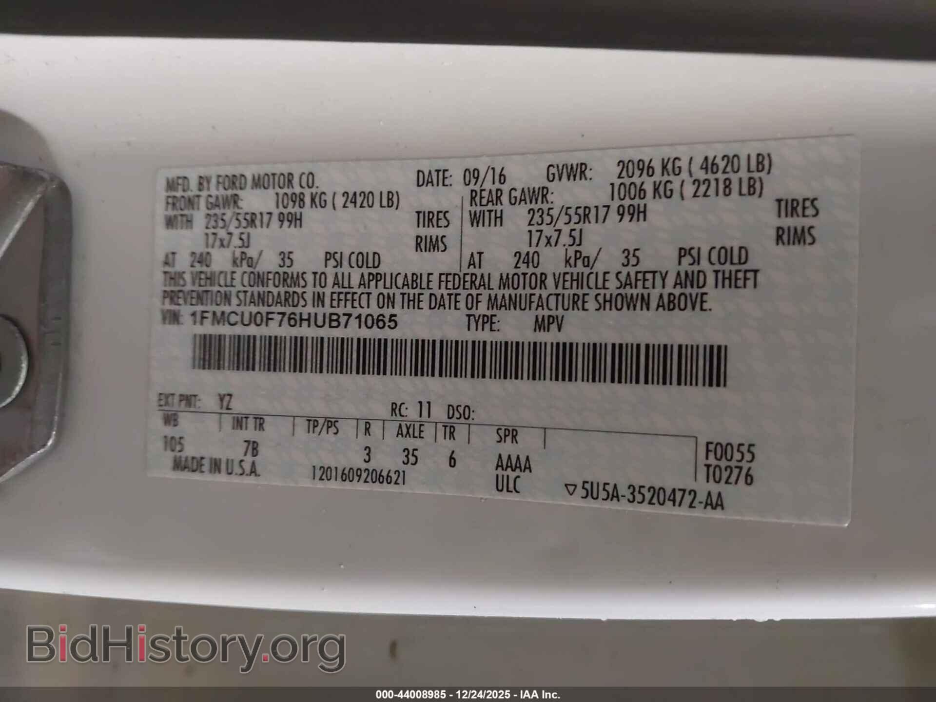 2017 FORD ESCAPE - VIN: 1FMCU0F76HUB71065 - Фото 9