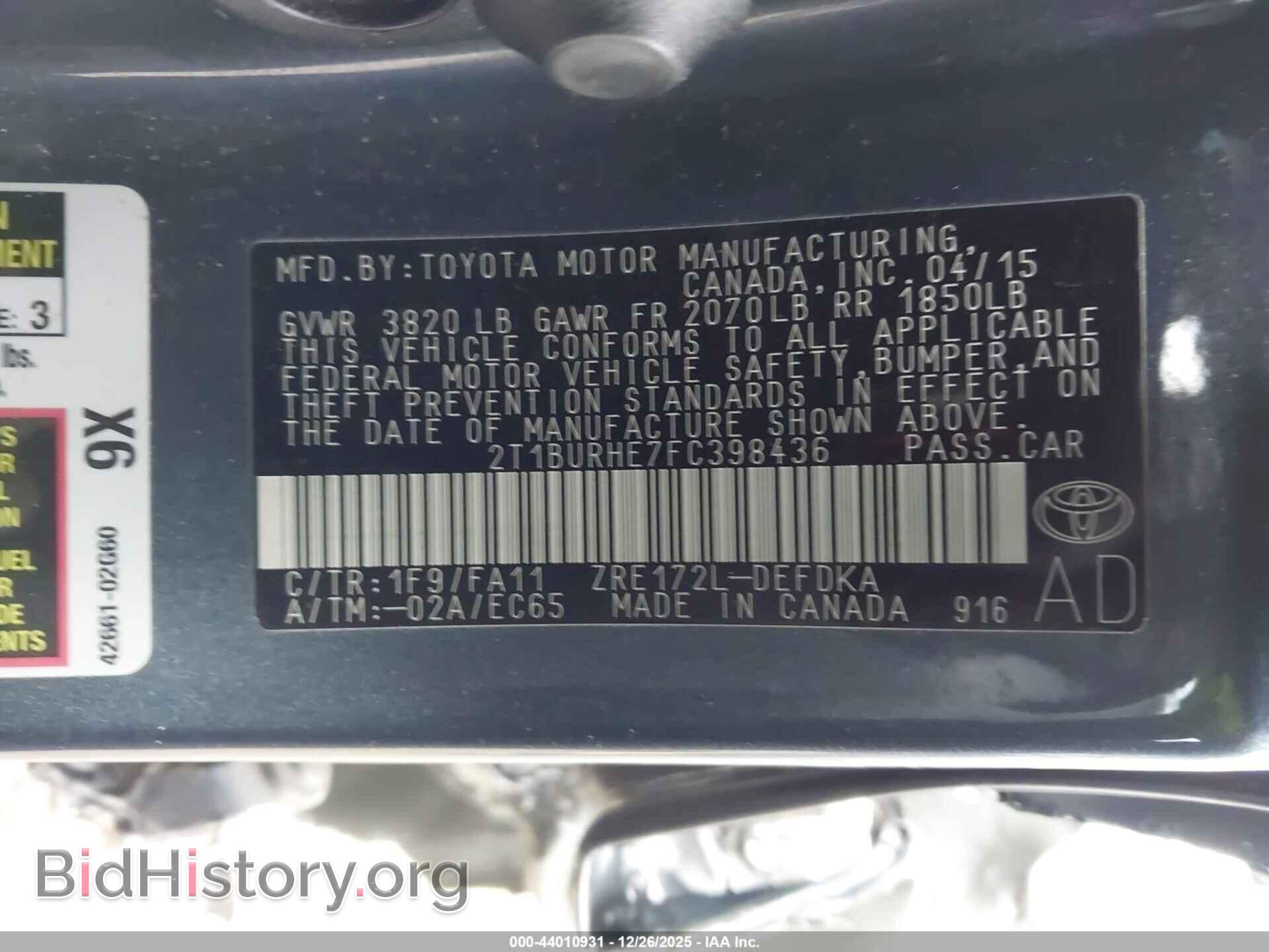 2015 TOYOTA COROLLA - VIN: 2T1BURHE7FC398436 - Фото 9