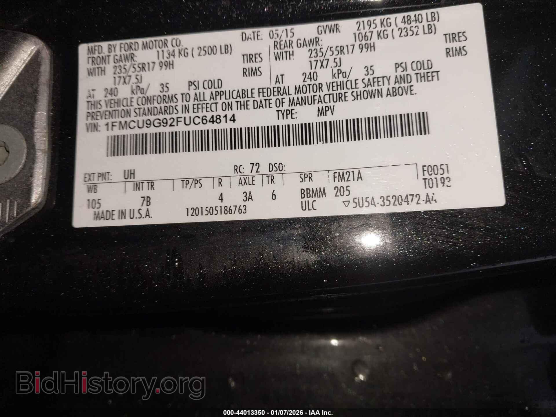 2015 FORD ESCAPE - VIN: 1FMCU9G92FUC64814 - Фото 9