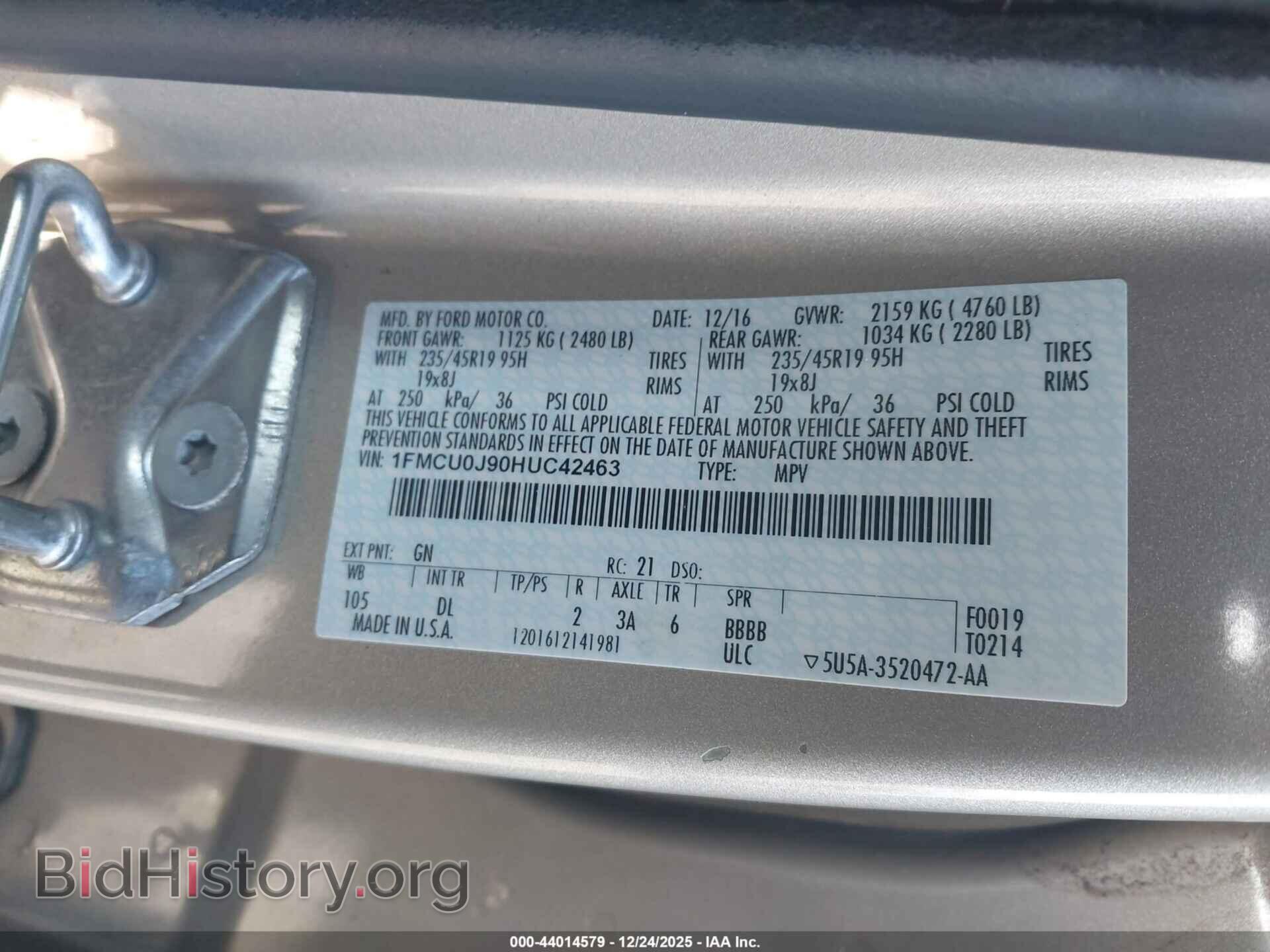 2017 FORD ESCAPE - VIN: 1FMCU0J90HUC42463 - Фото 9