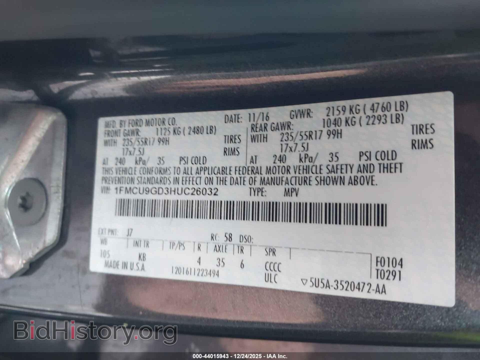 2017 FORD ESCAPE - VIN: 1FMCU9GD3HUC26032 - Фото 9