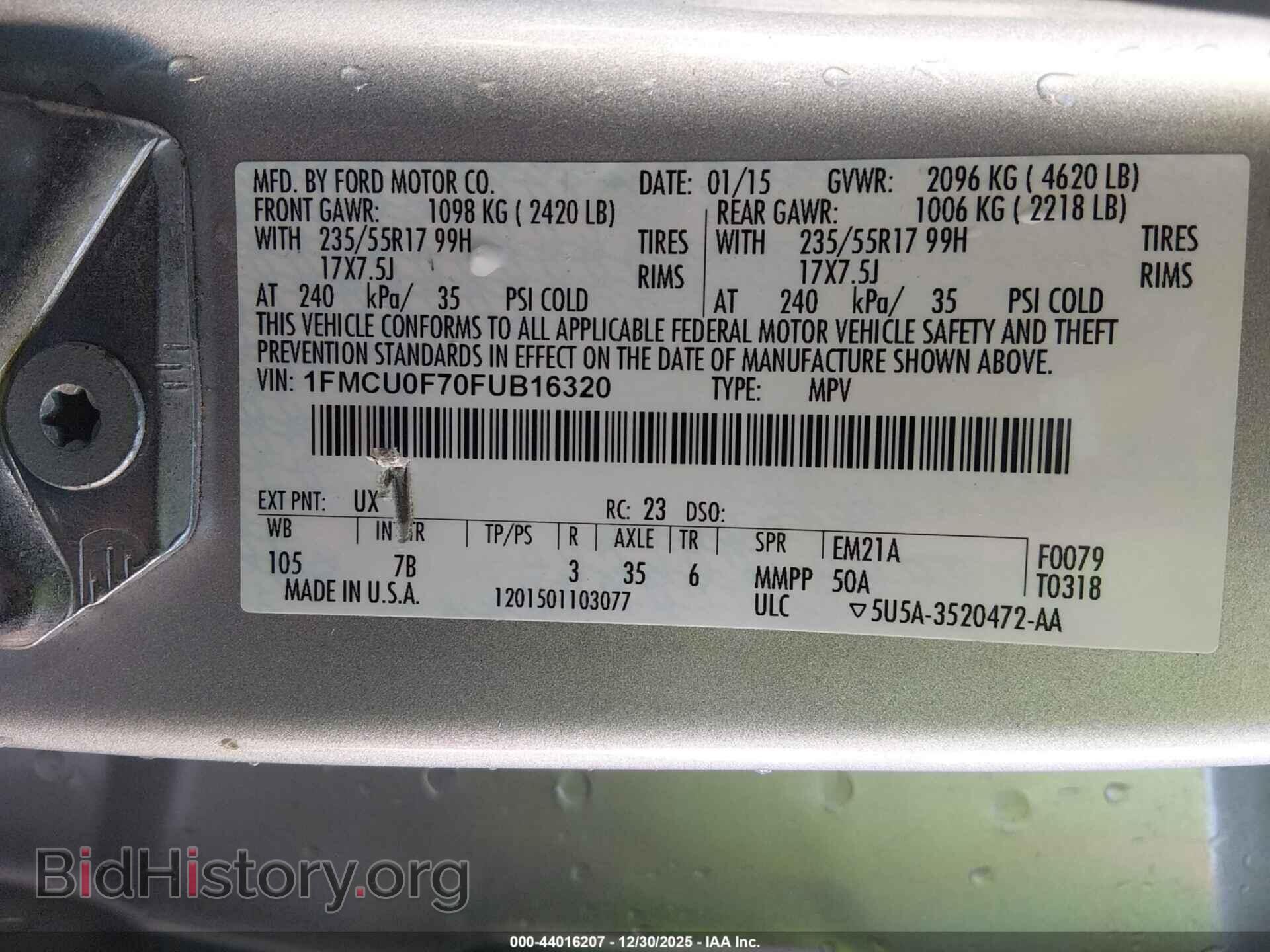 2015 FORD ESCAPE - VIN: 1FMCU0F70FUB16320 - Фото 9