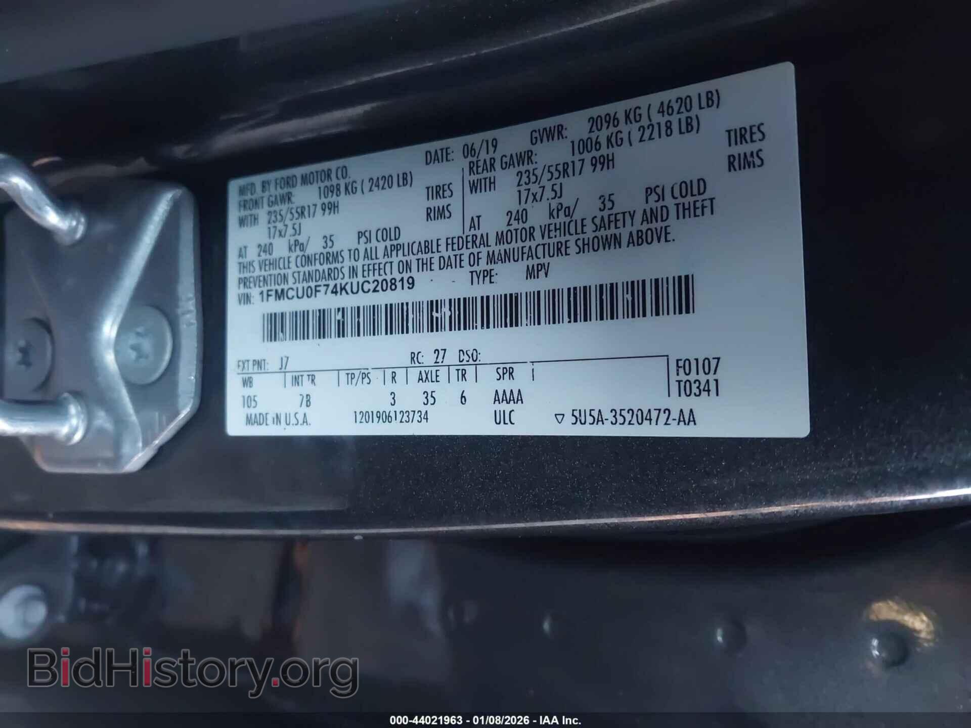 2019 FORD ESCAPE - VIN: 1FMCU0F74KUC20819 - Фото 9