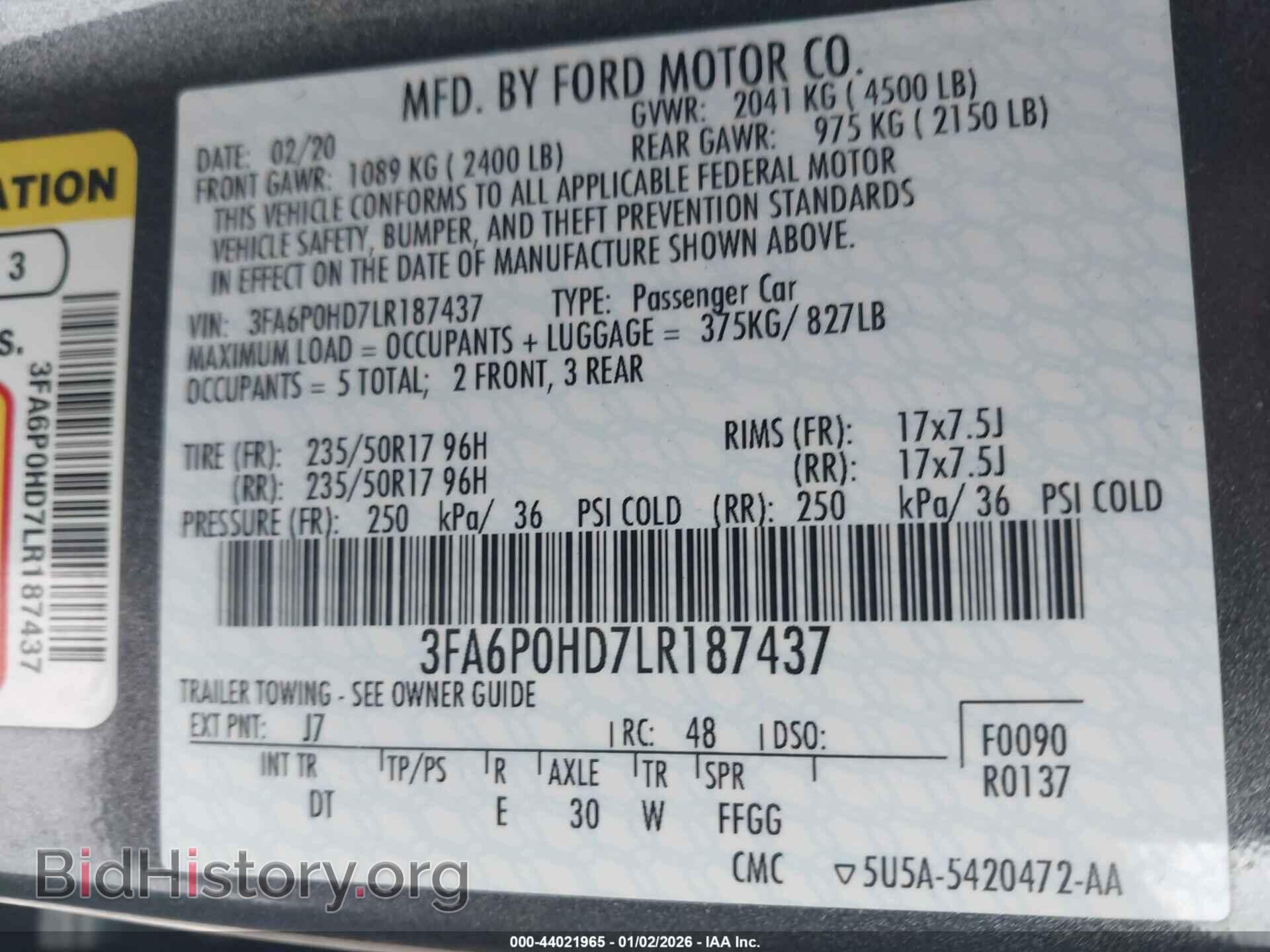 2020 FORD FUSION - VIN: 3FA6P0HD7LR187437 - Фото 9
