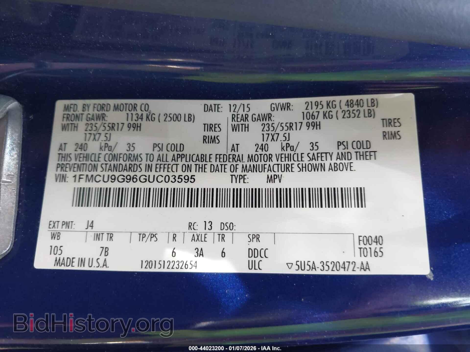 2016 FORD ESCAPE - VIN: 1FMCU9G96GUC03595 - Фото 9