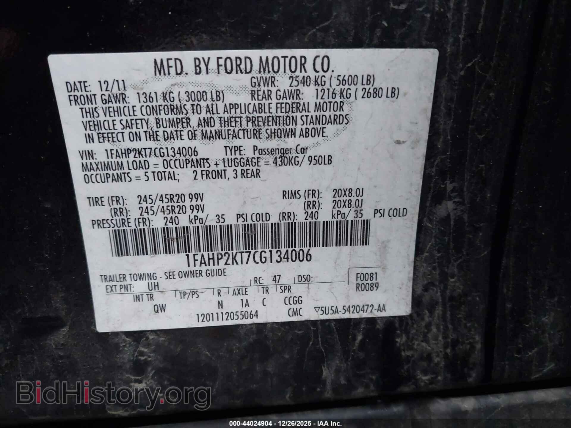 2012 FORD TAURUS - VIN: 1FAHP2KT7CG134006 - Фото 9