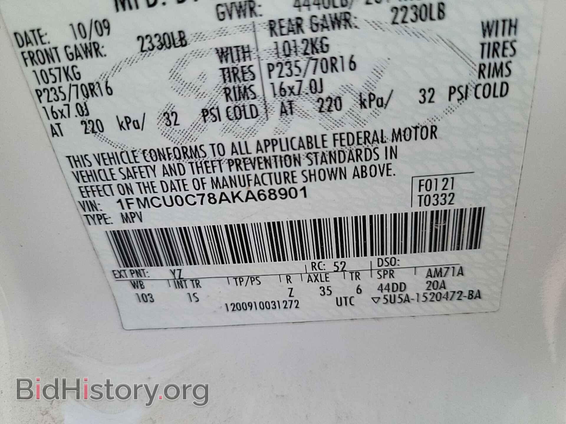2010 FORD ESCAPE - VIN: 1FMCU0C78AKA68901 - Фото 25