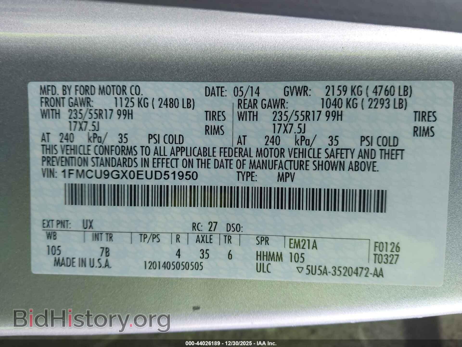 2014 FORD ESCAPE - VIN: 1FMCU9GX0EUD51950 - Фото 9
