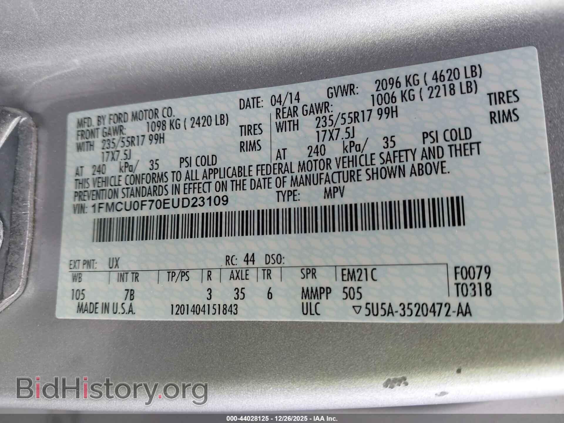 2014 FORD ESCAPE - VIN: 1FMCU0F70EUD23109 - Фото 9