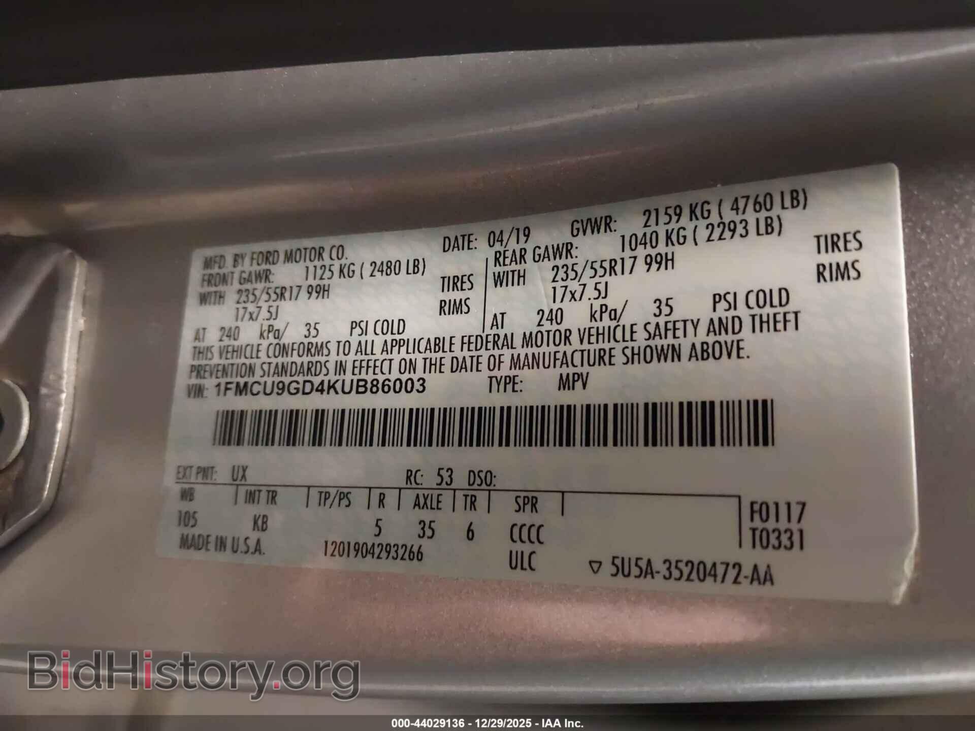 2019 FORD ESCAPE - VIN: 1FMCU9GD4KUB86003 - Фото 9