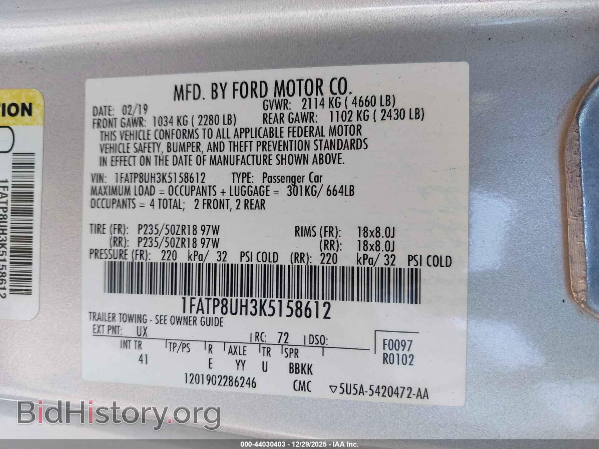2019 FORD MUSTANG - VIN: 1FATP8UH3K5158612 - Фото 9