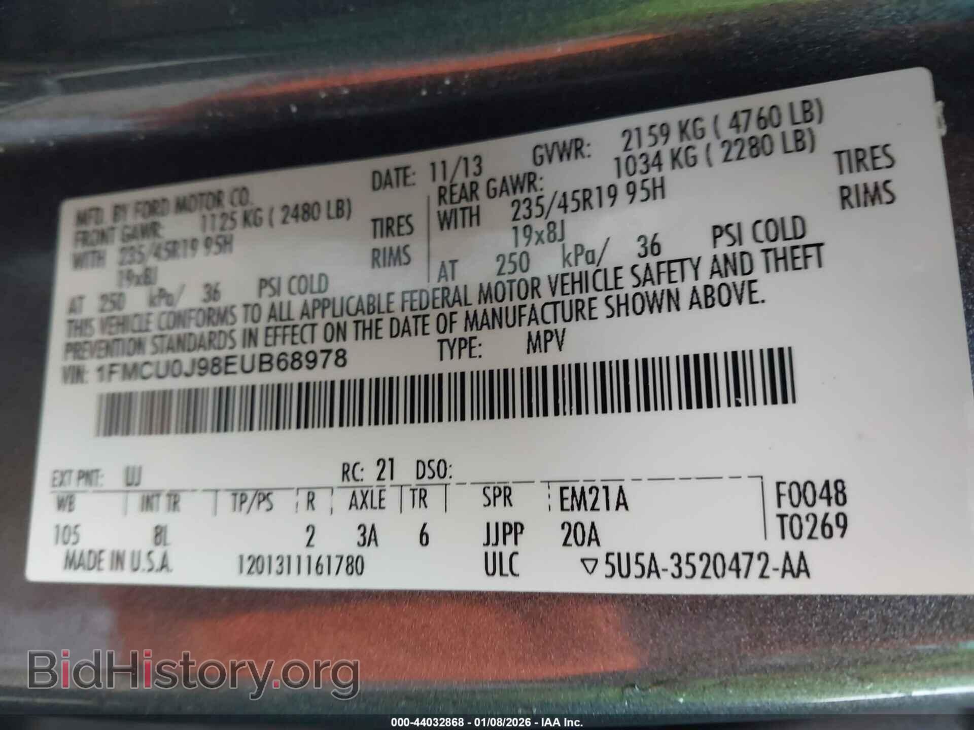 2014 FORD ESCAPE - VIN: 1FMCU0J98EUB68978 - Фото 9
