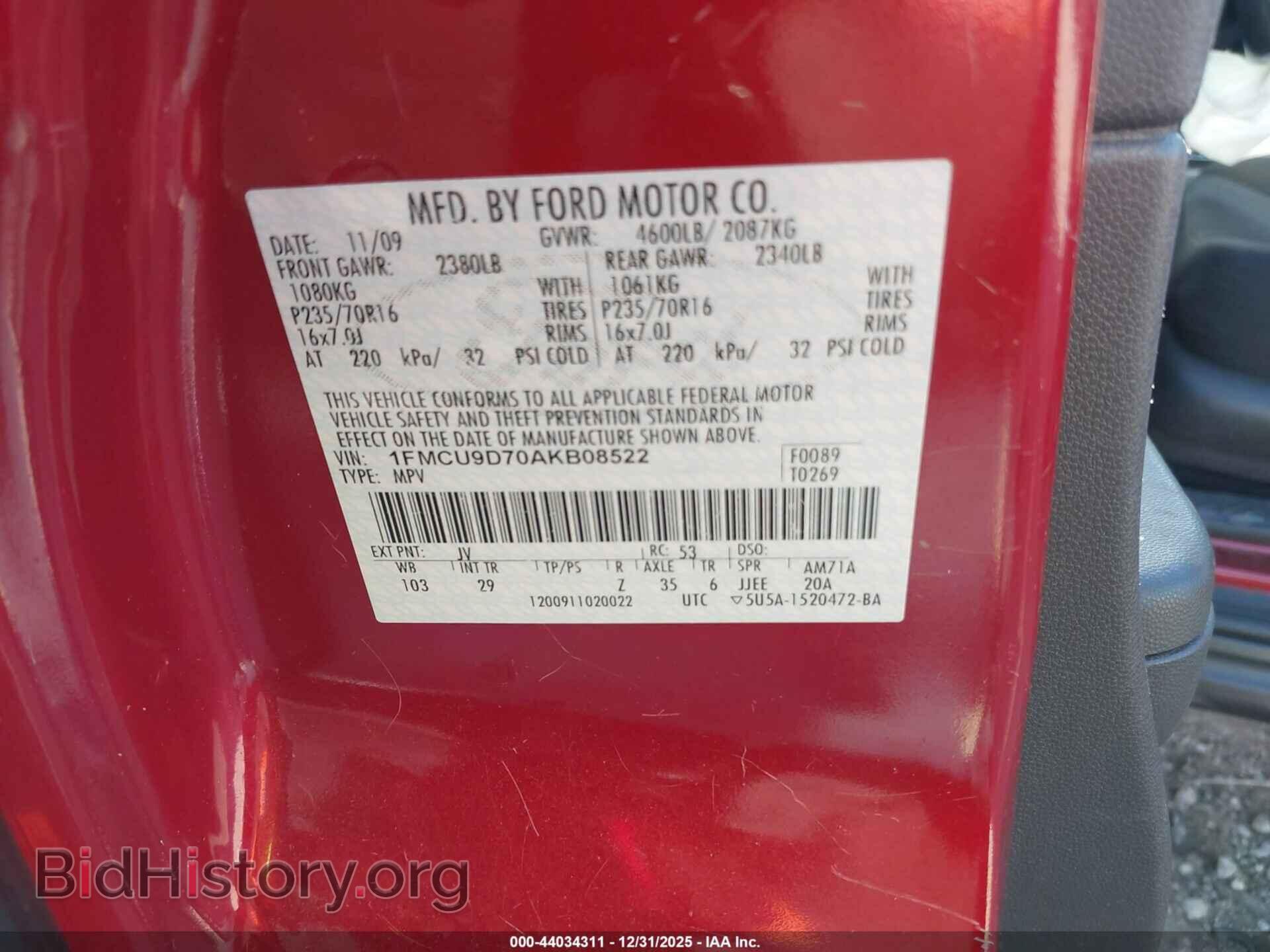 2010 FORD ESCAPE - VIN: 1FMCU9D70AKB08522 - Фото 9